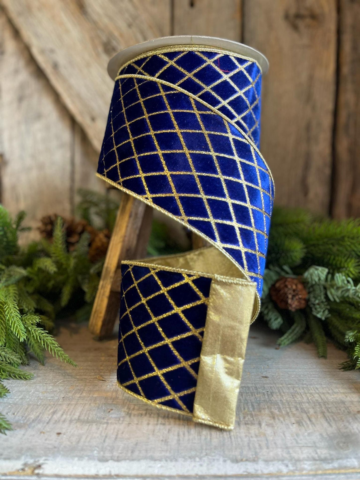 4" Royal BLUE Metallic Diamonds Velvet Ribbon, Farrisilk Ribbon