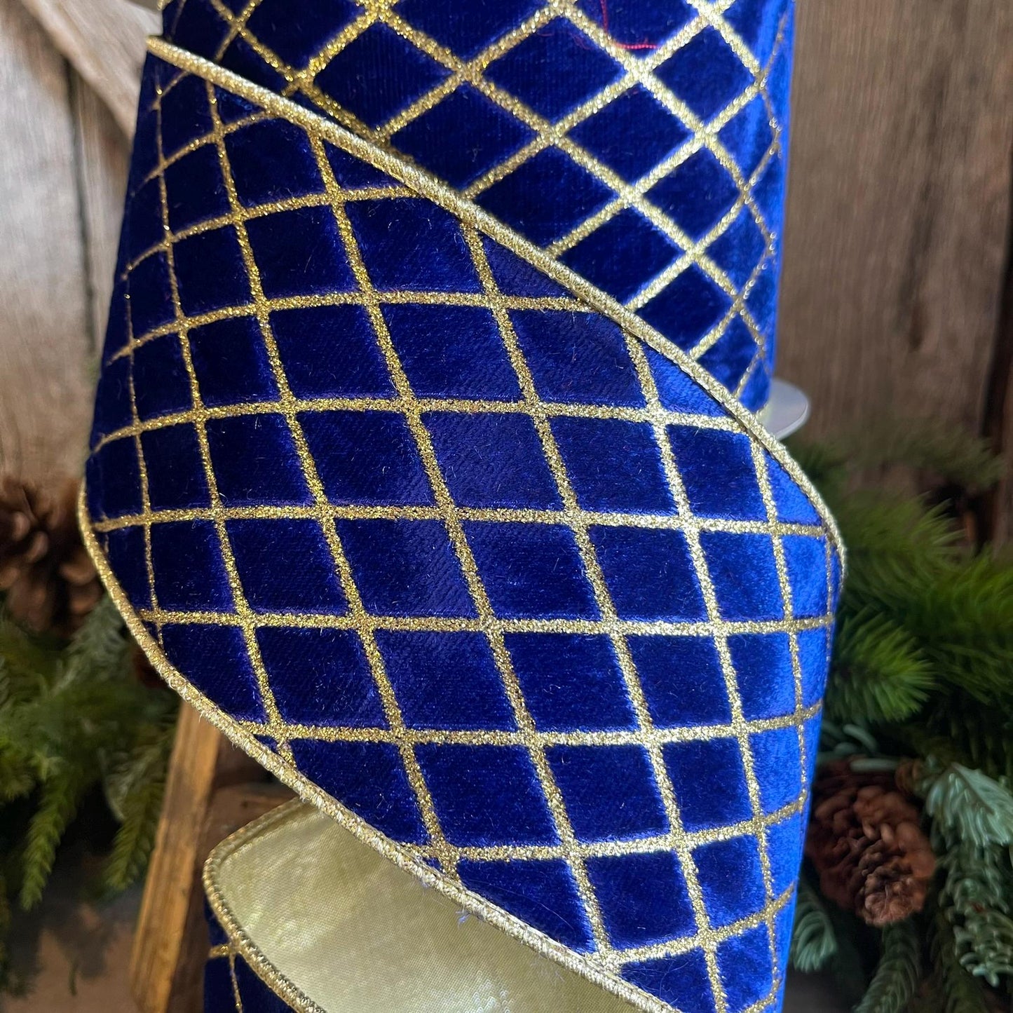 4" Royal BLUE Metallic Diamonds Velvet Ribbon, Farrisilk Ribbon