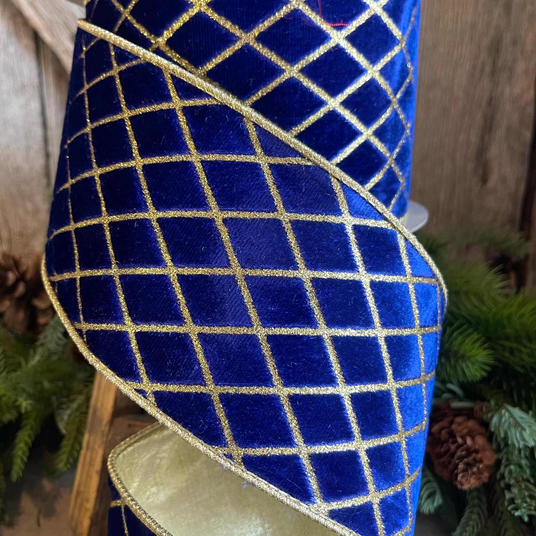 4" Royal BLUE Metallic Diamonds Velvet Ribbon, Farrisilk Ribbon