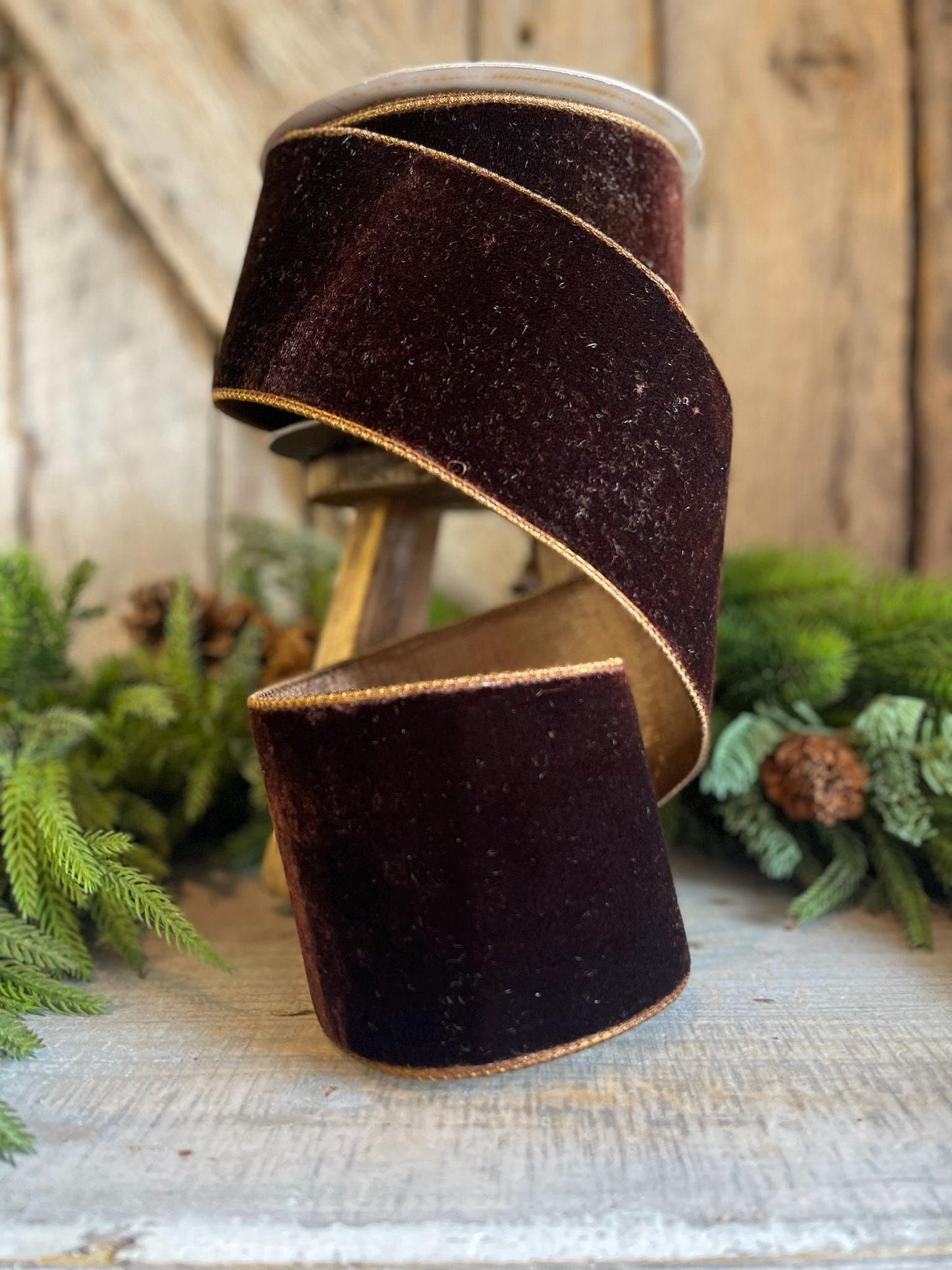 4” Chocolate Velvet Ribbon, Farrisilk ribbon, designer ribbon, Brown Velvet RIbbon, Christmas Ribbon, Woodsy Christmas Decor, RV003-23