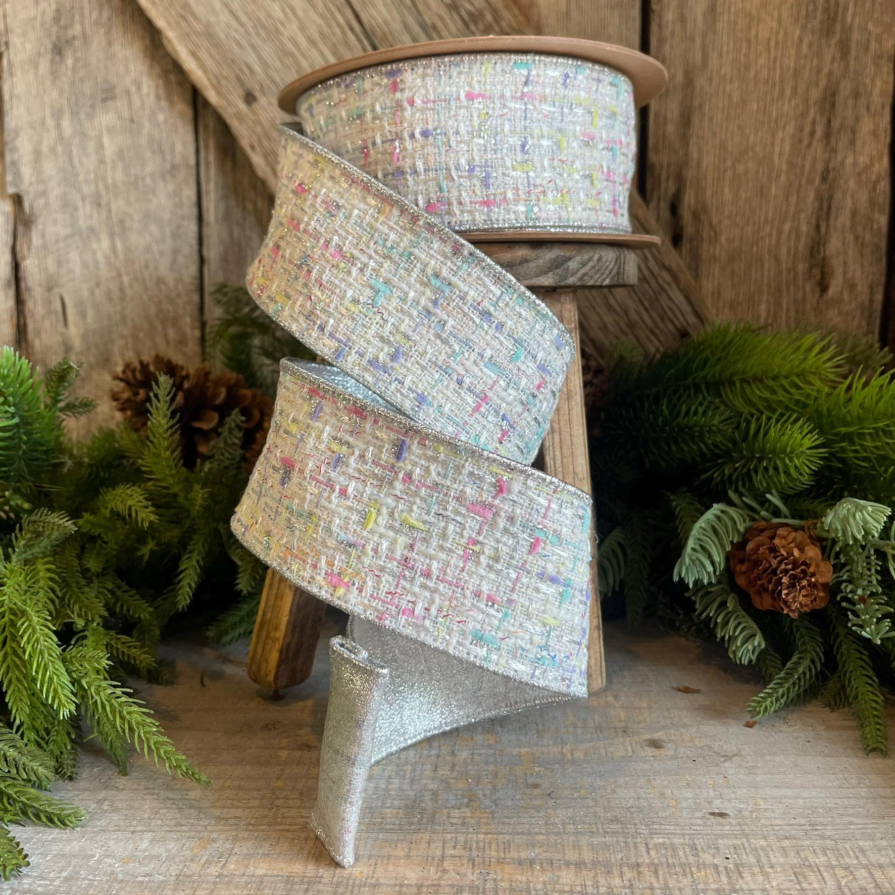 2.5" White Tweed Ribbon, Pastel Christmas Ribbon