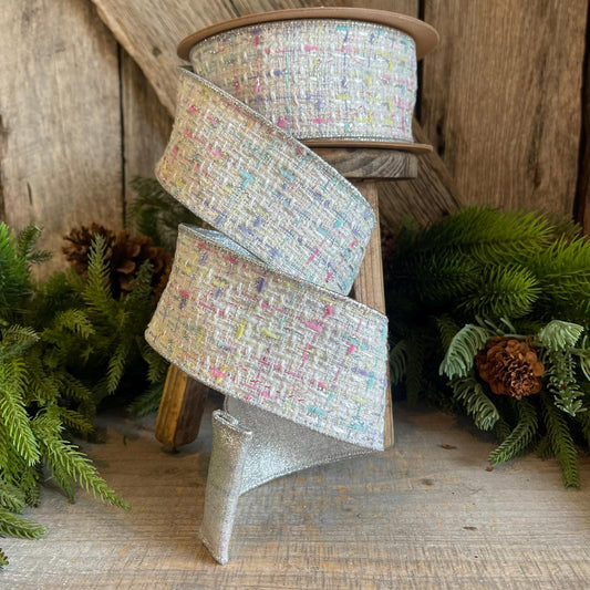 2.5" White Tweed Ribbon, Pastel Christmas Ribbon, Designer Ribbon, White Christmas Tree Ribbon, White Tweed, Designer Inspired RIbbon