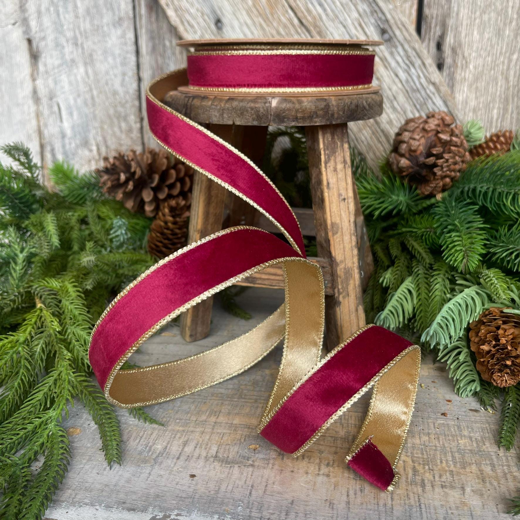 1" Burgundy Gold Velvet Ribbon, Burgundy Velvet Ribbon