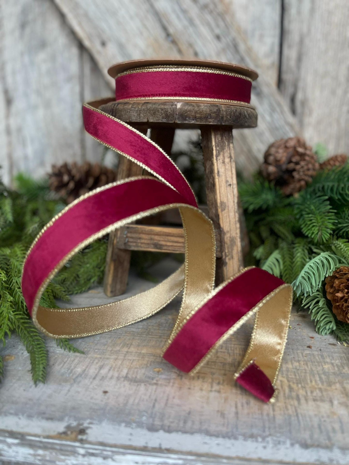 1" Burgundy Gold Velvet Ribbon, Burgundy Velvet Ribbon