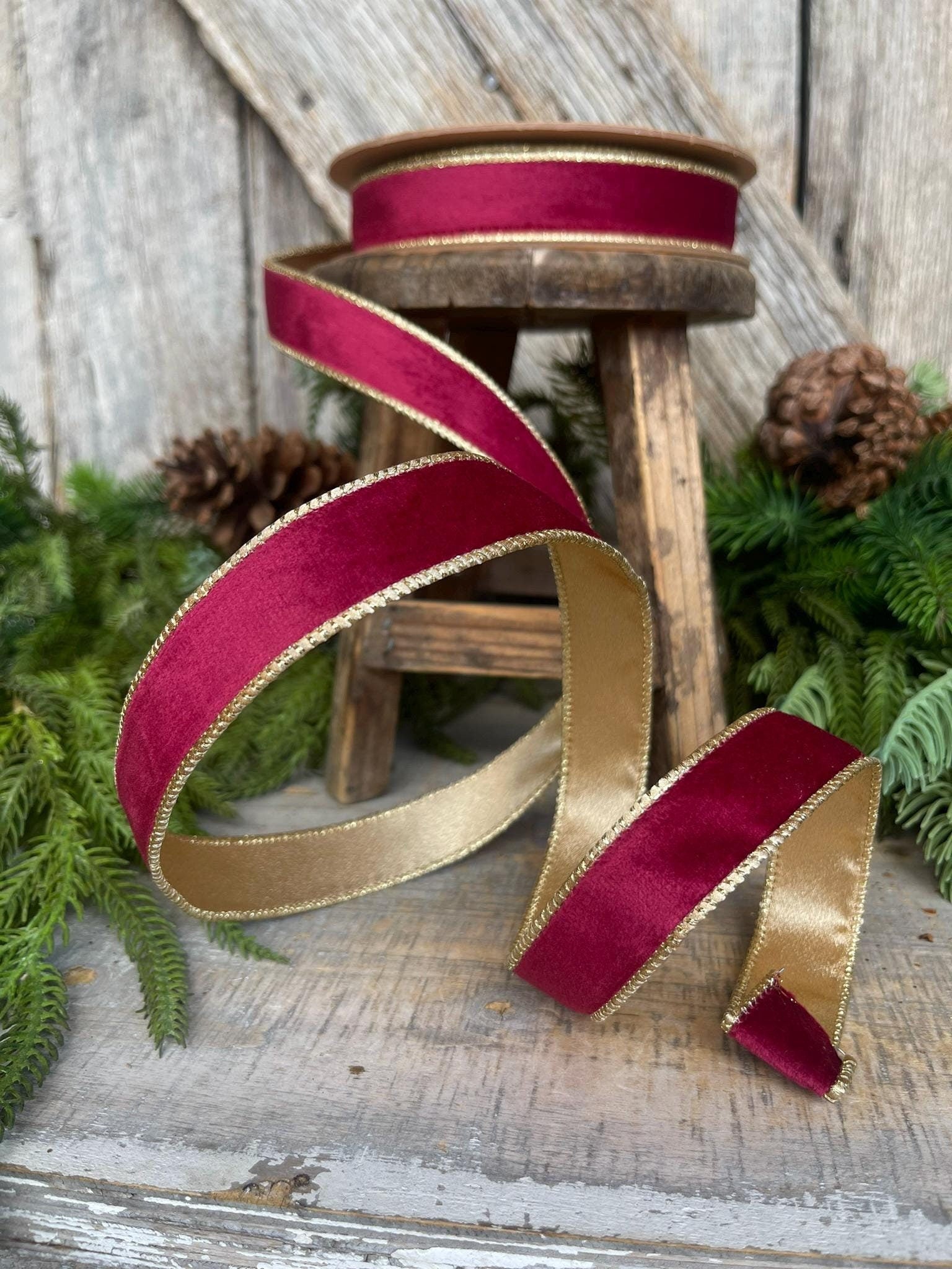 1" Burgundy Gold Velvet Ribbon, Burgundy Velvet Ribbon