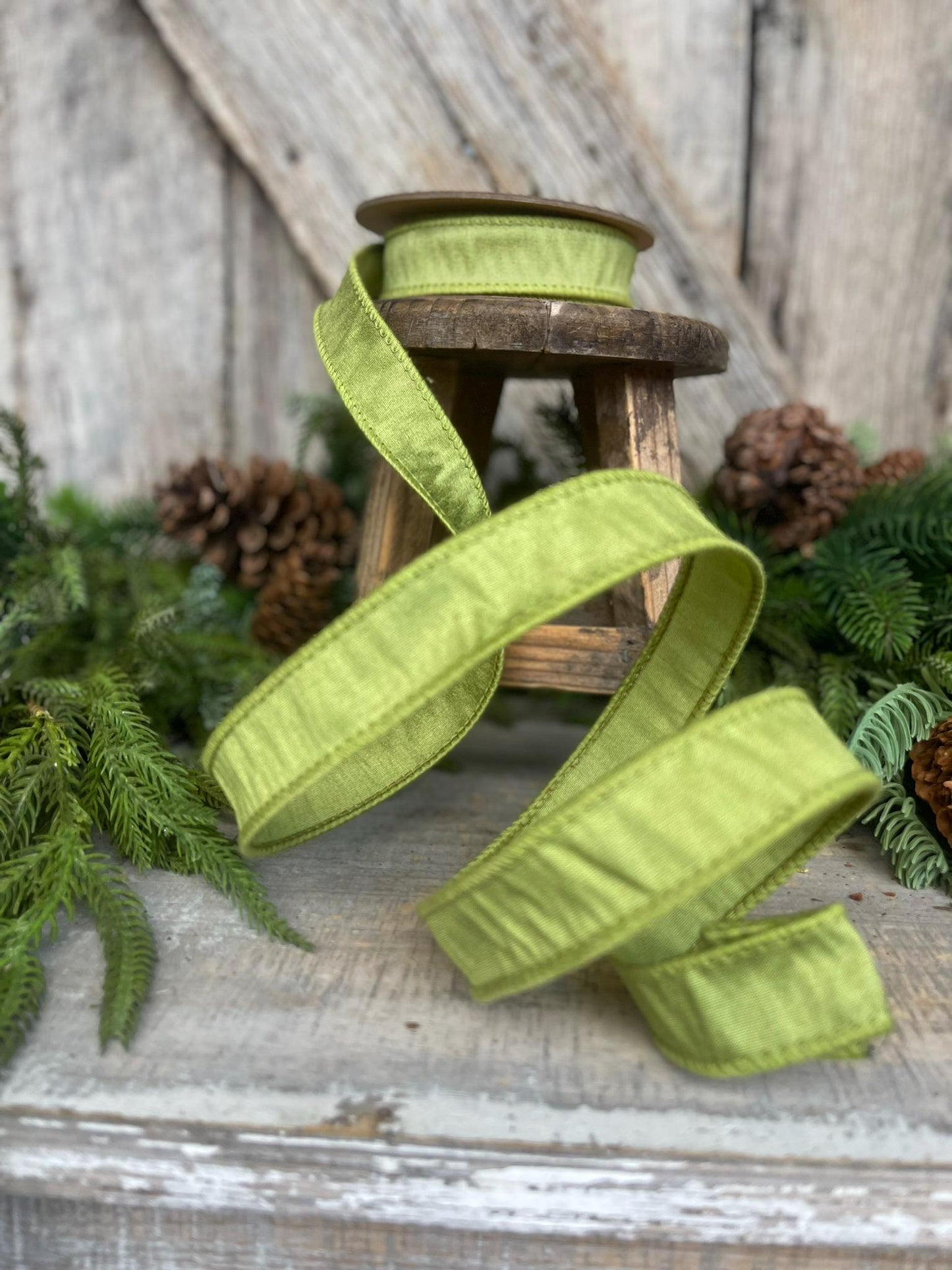 1" Moss Green Ribbon, Wired RIbbon, CHristmas RIbbon, Olive Green RIbbon, Green Grass Ribbon, Christmas Tree Ribbon, Dupioni Ribbon