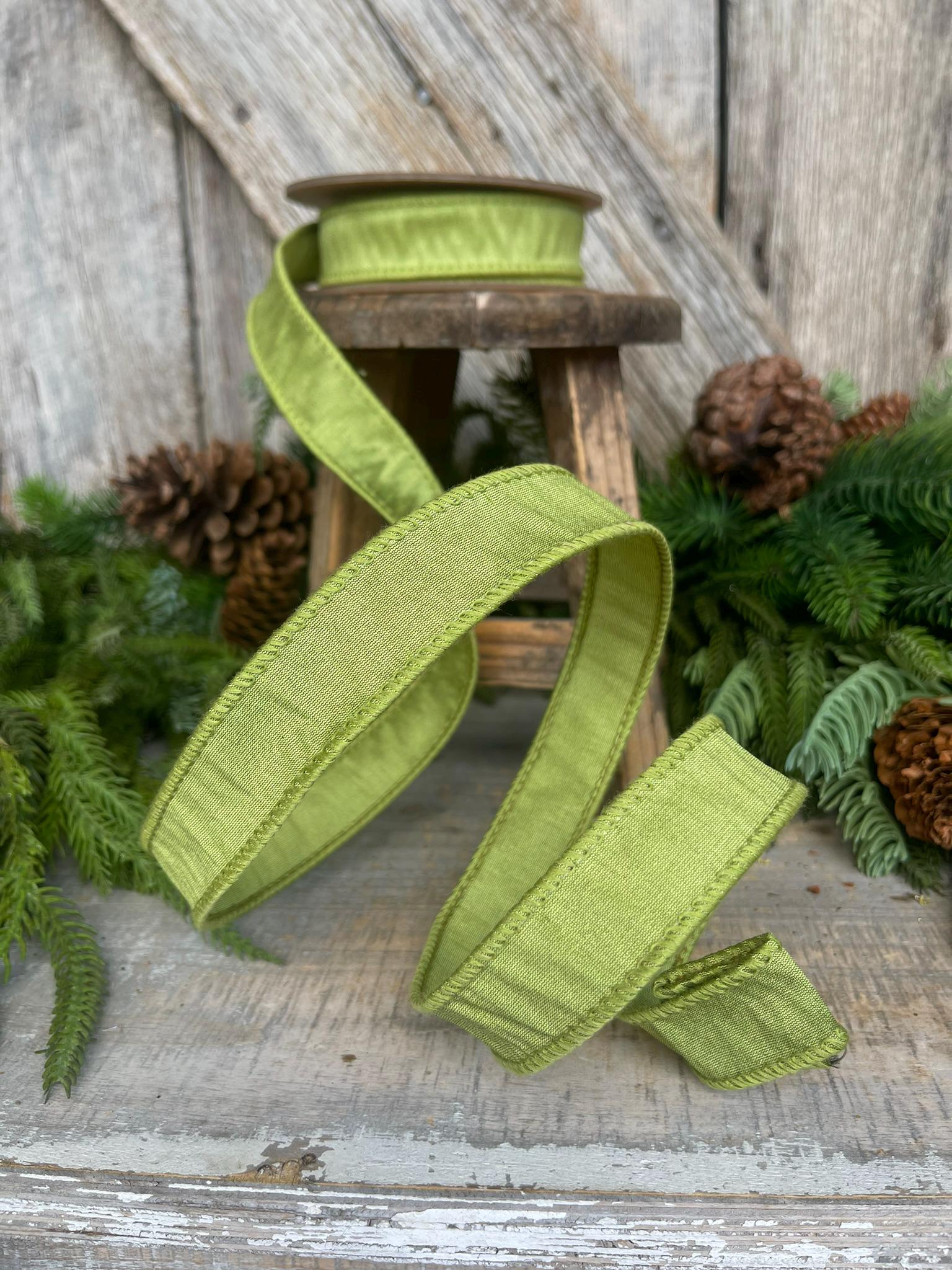 1" Moss Green Ribbon, Wired RIbbon, CHristmas RIbbon, Olive Green RIbbon, Green Grass Ribbon, Christmas Tree Ribbon, Dupioni Ribbon