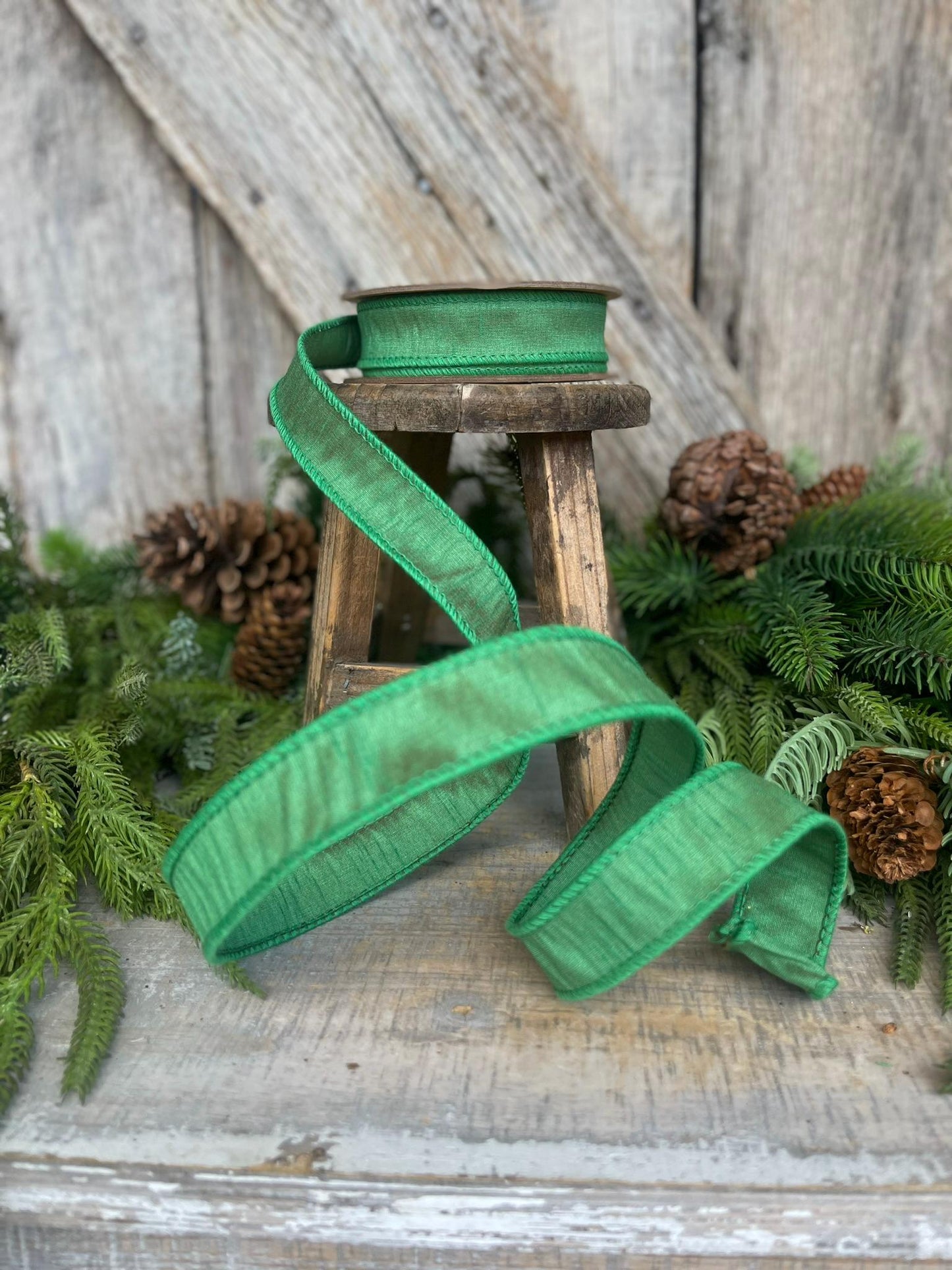 1" Emerald Green Dupioni Ribbon, Wired Ribbon