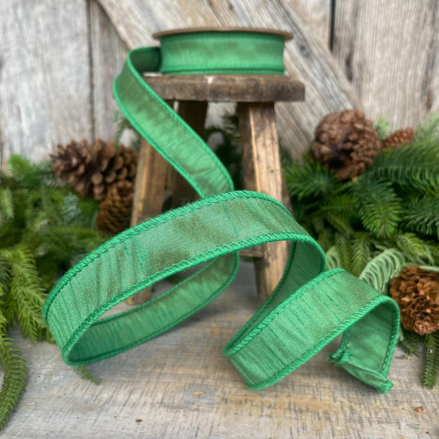 1" Emerald Green Dupioni Ribbon, Wired Ribbon