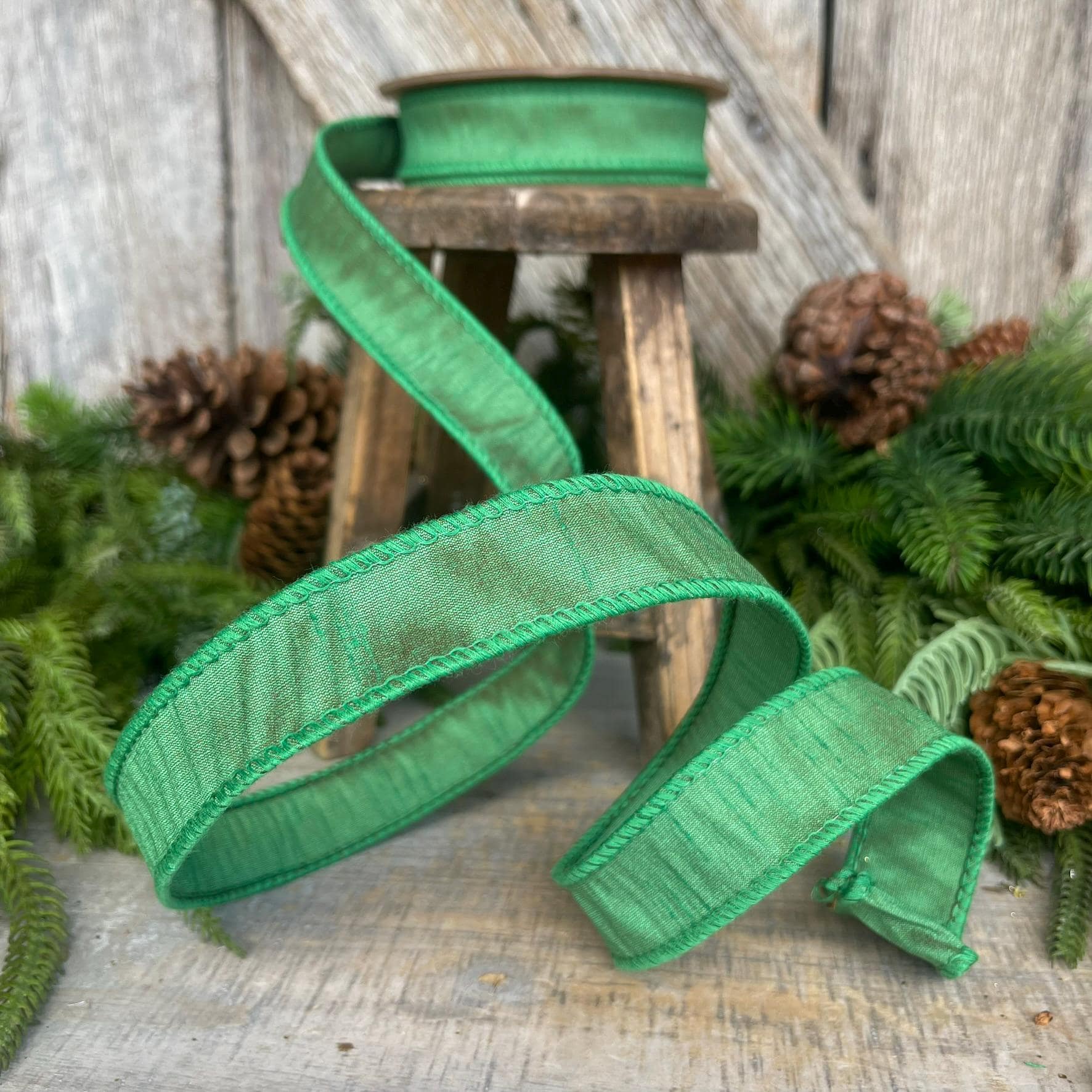 1" Emerald Green Dupioni Ribbon, Wired Ribbon