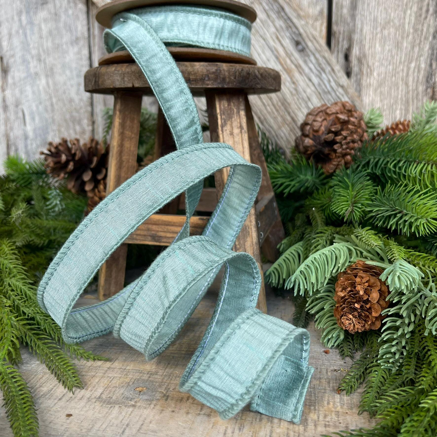 1" Seafoam Teal Dupioni Ribbon, Wired Ribbon