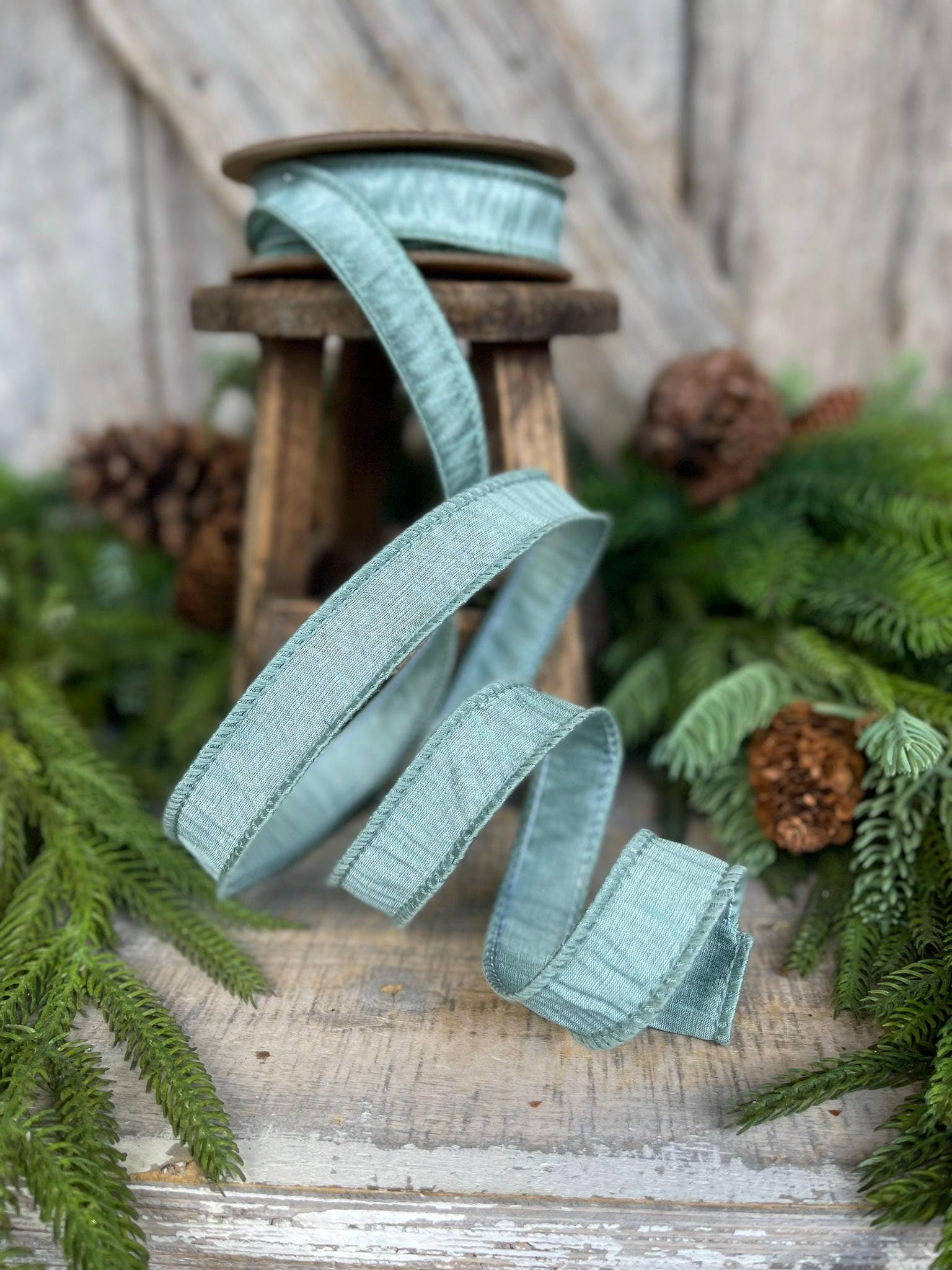 1" Seafoam Teal Dupioni Ribbon, Wired Ribbon