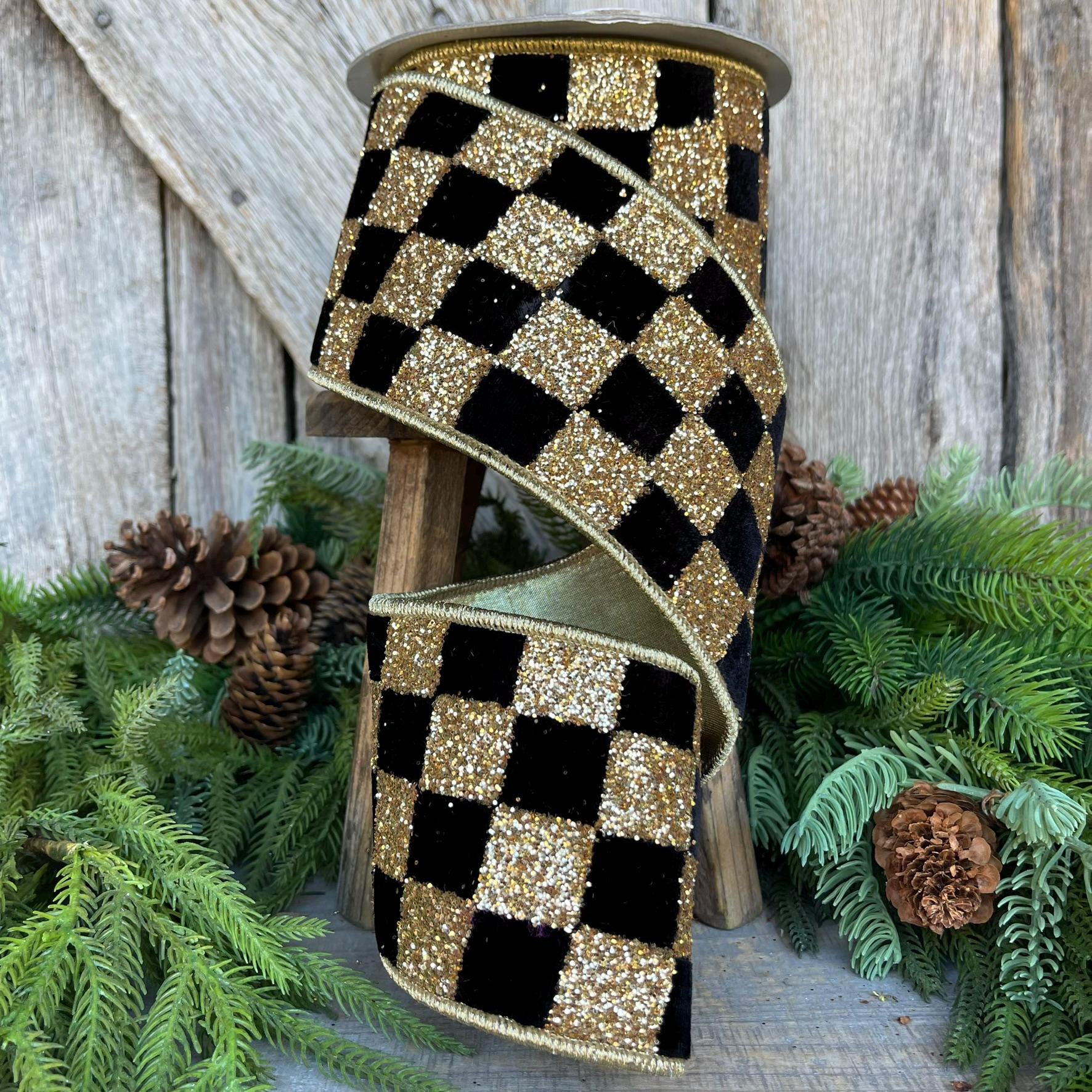 4" Black and Gold Chunky Glitter Checks, Christmas Tree Ribbon