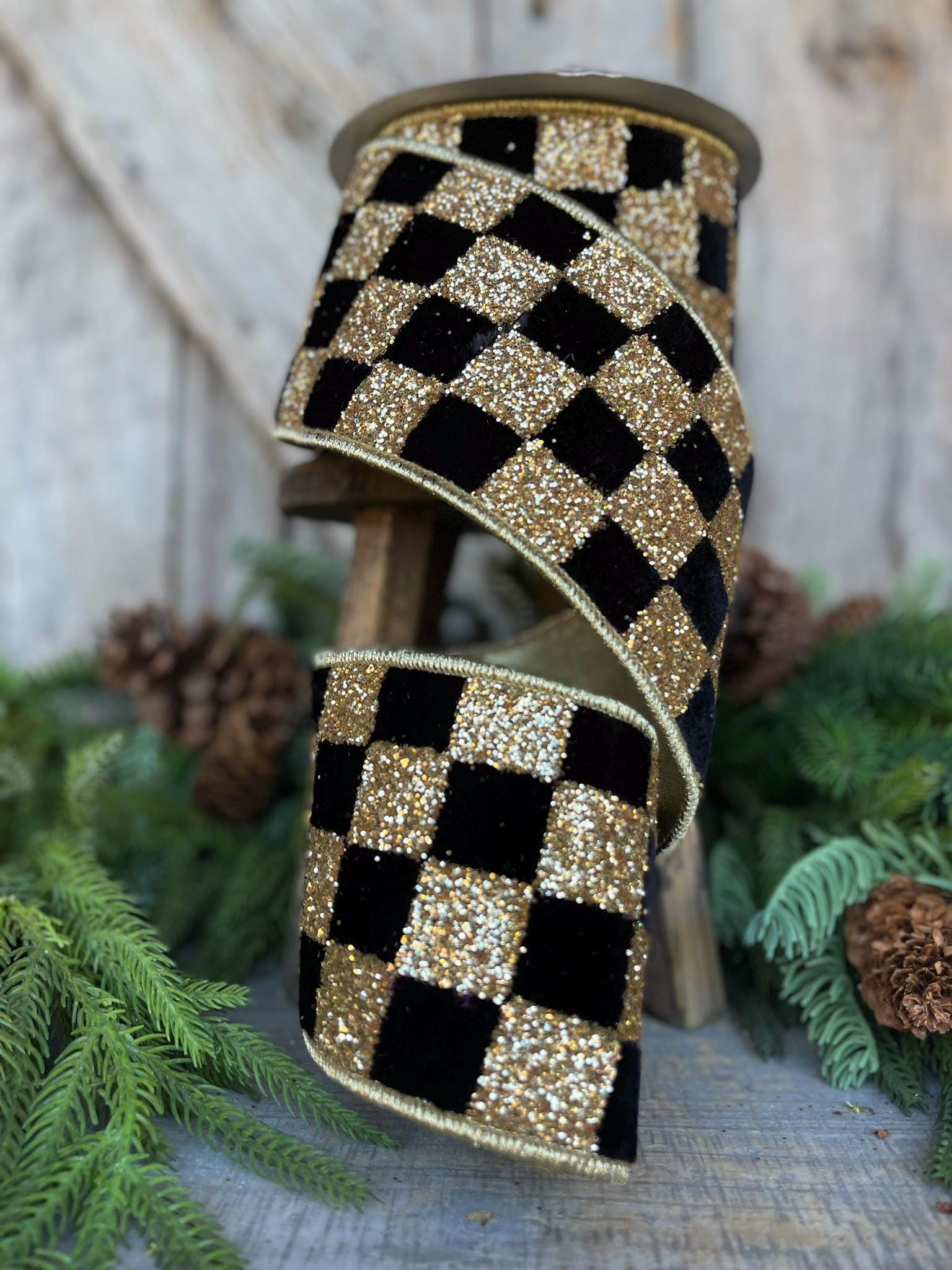 4" Black and Gold Chunky Glitter Checks, Christmas Tree Ribbon