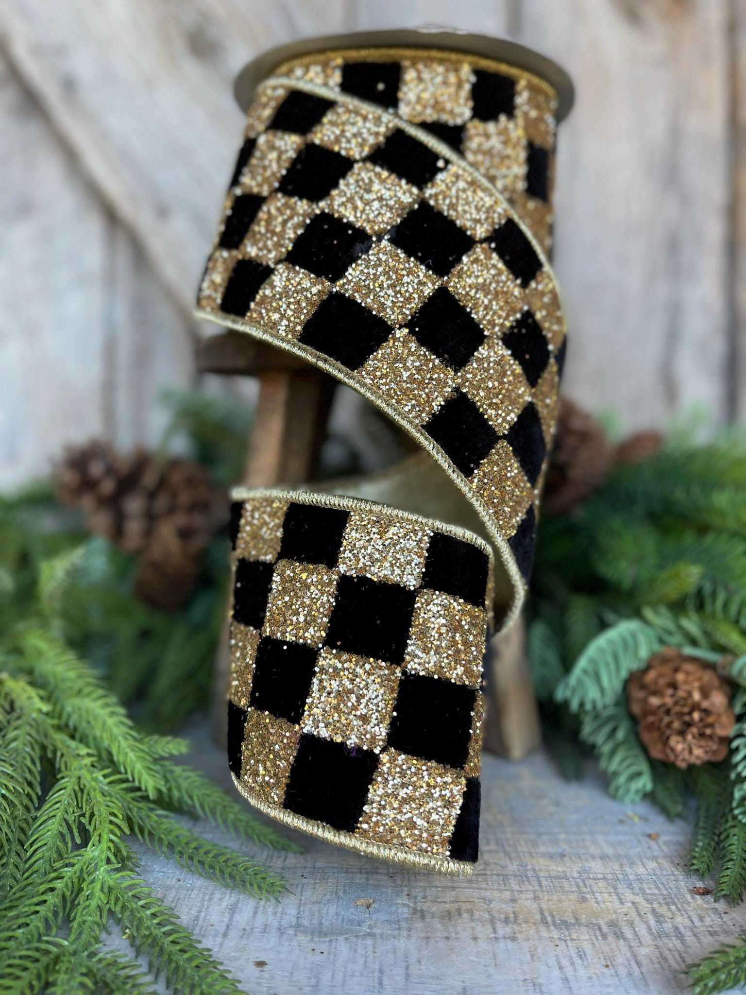 4" Black and Gold Chunky Glitter Checks, Christmas Tree Ribbon