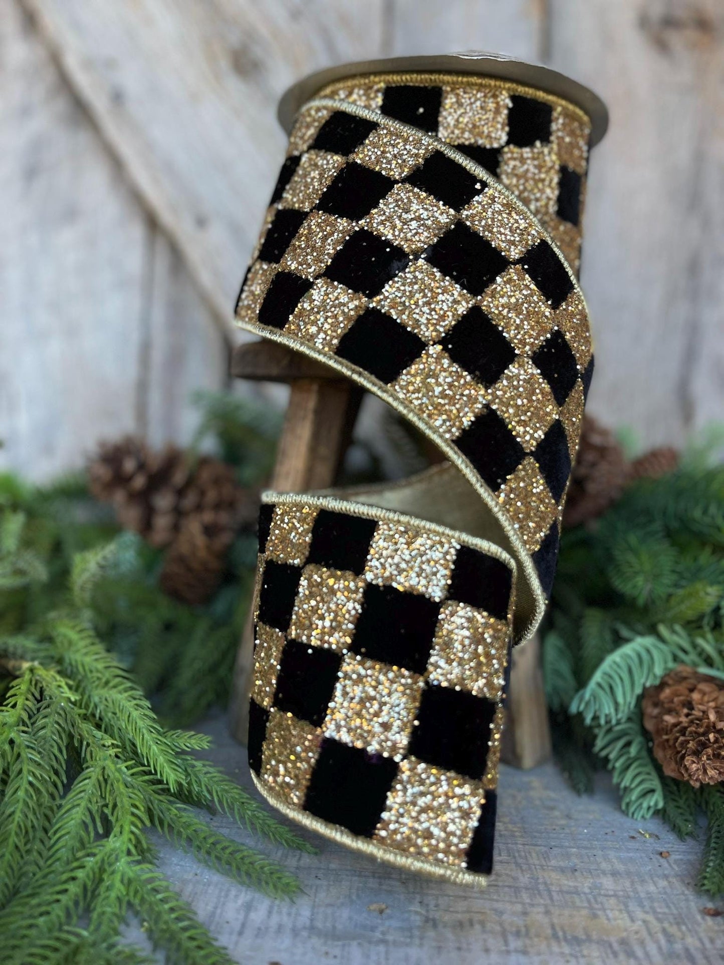 4" Black and Gold Chunky Glitter Checks, Christmas Tree Ribbon