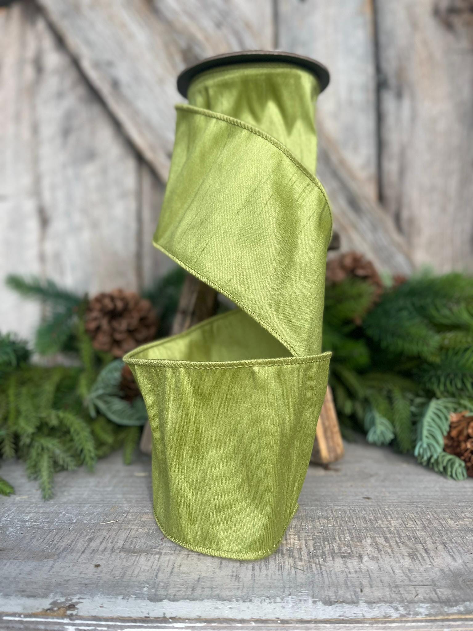 4" Moss Green Ribbon, Wired RIbbon, CHristmas RIbbon, Olive Green RIbbon, Green Grass Ribbon, Christmas Tree Ribbon, Dupioni Ribbon