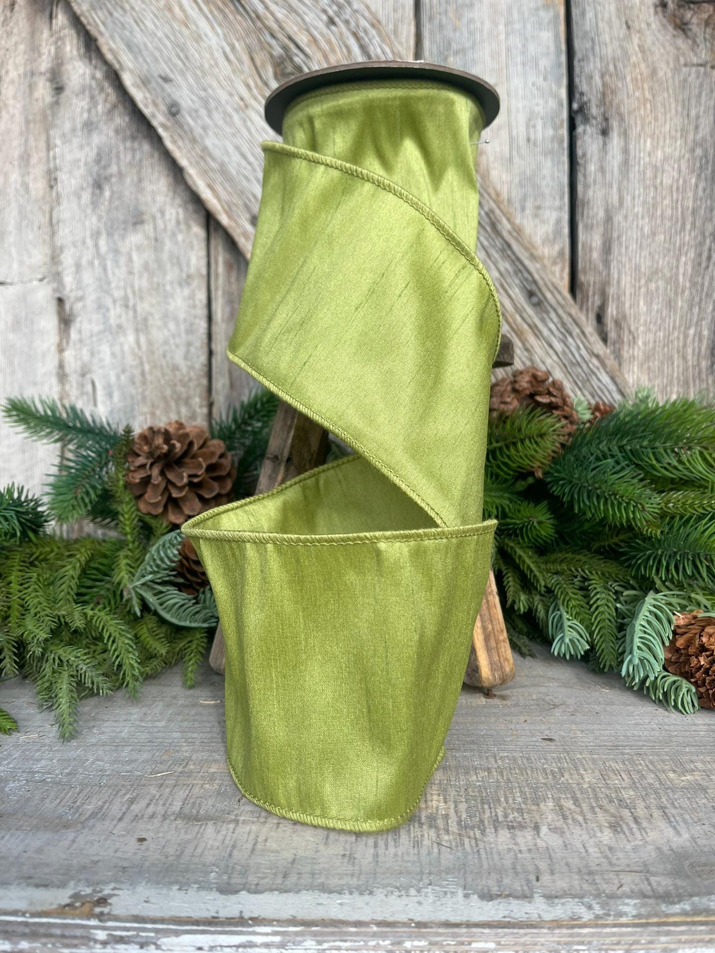 4" Moss Green Ribbon, Wired RIbbon, CHristmas RIbbon, Olive Green RIbbon, Green Grass Ribbon, Christmas Tree Ribbon, Dupioni Ribbon