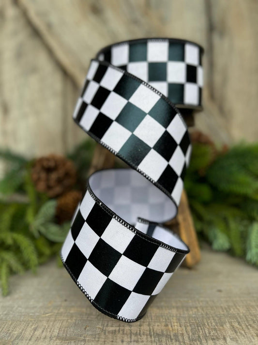 2.5" Black White Foil Check Ribbon, Farrisilk Ribbon, Checkered Ribbon, Black White Check Ribbon, RA742-92