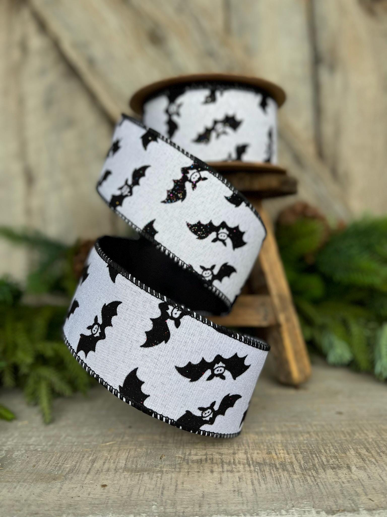 2.5" Bat Halloween Ribbon, Black White Ribbon, Glittered Bat Ribbon, Flocked RIbbon, Halloween Ribbon, Wired RIbbon