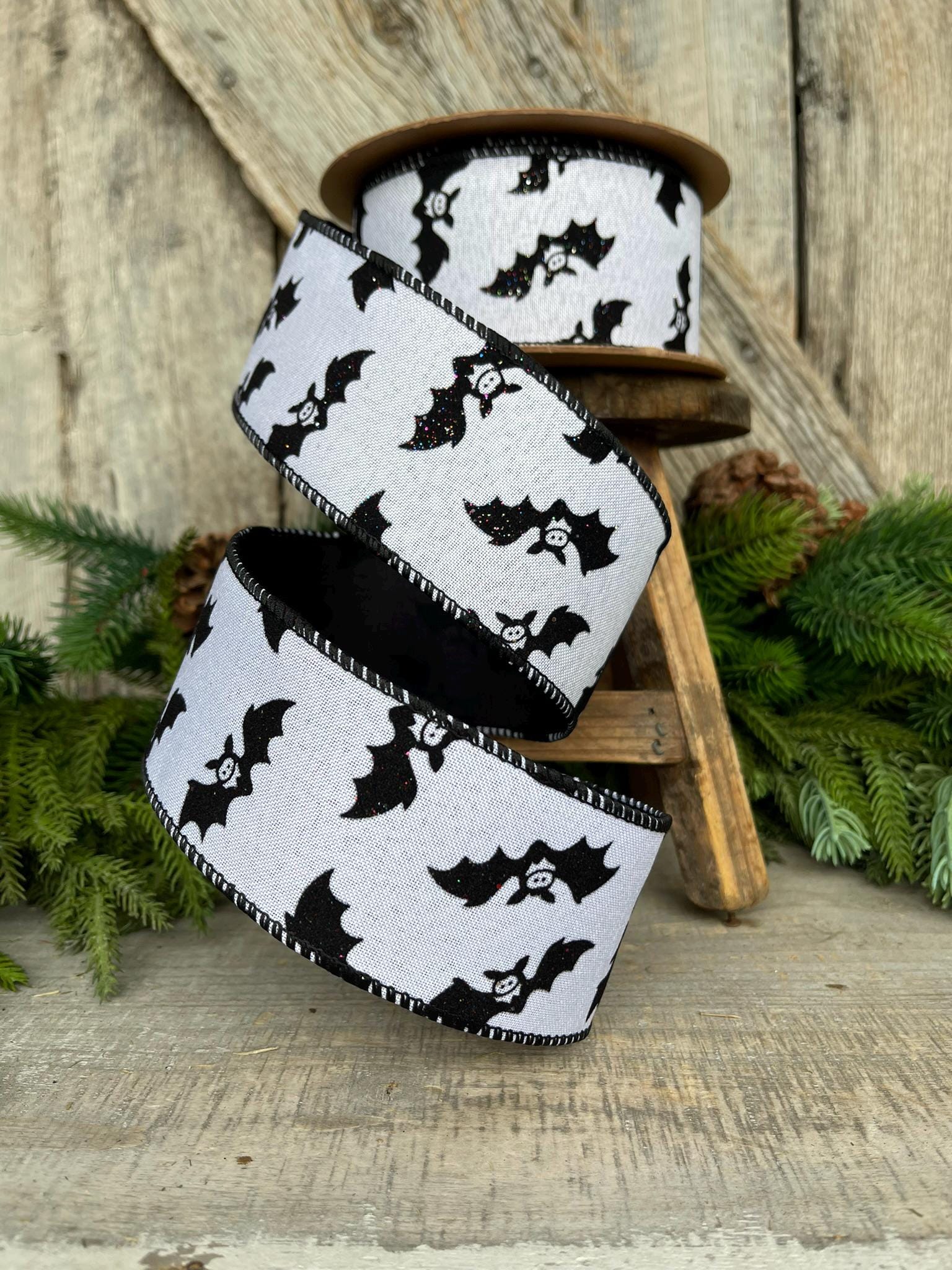 2.5" Bat Halloween Ribbon, Black White Ribbon, Glittered Bat Ribbon, Flocked RIbbon, Halloween Ribbon, Wired RIbbon