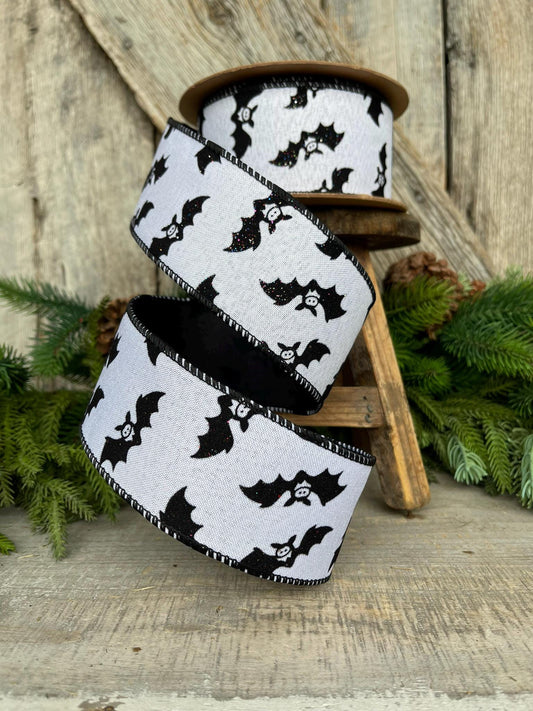 2.5" Bat Halloween Ribbon, Black White Ribbon