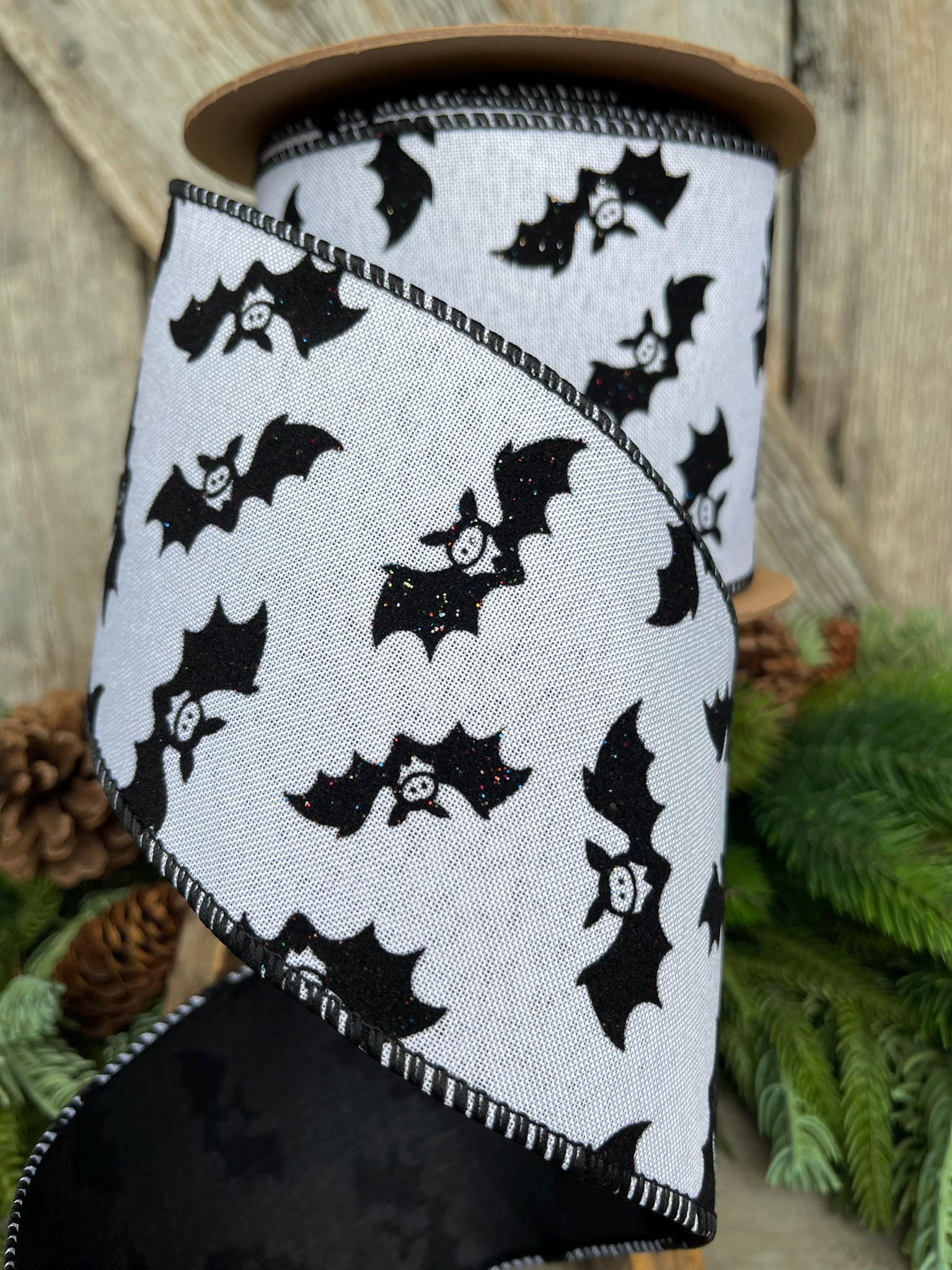 4" Bat Halloween Ribbon, Black White Ribbon, Glittered Bat Ribbon, Flocked RIbbon, Halloween Ribbon, Wired RIbbon