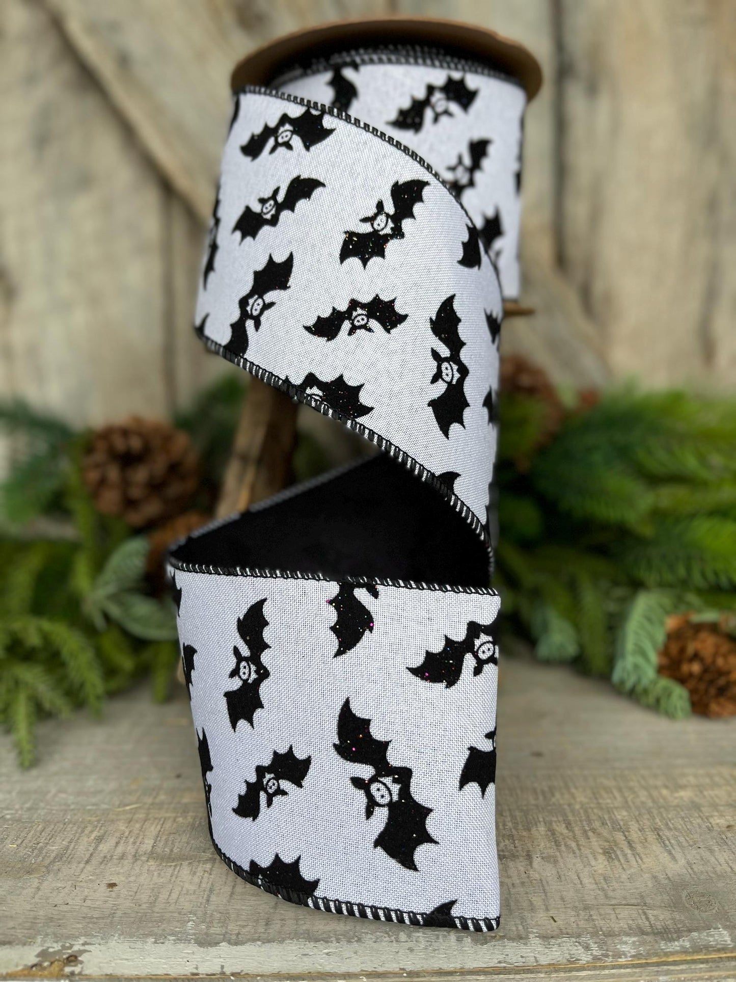 4" Bat Halloween Ribbon, Black White Ribbon, Glittered Bat Ribbon, Flocked RIbbon, Halloween Ribbon, Wired RIbbon