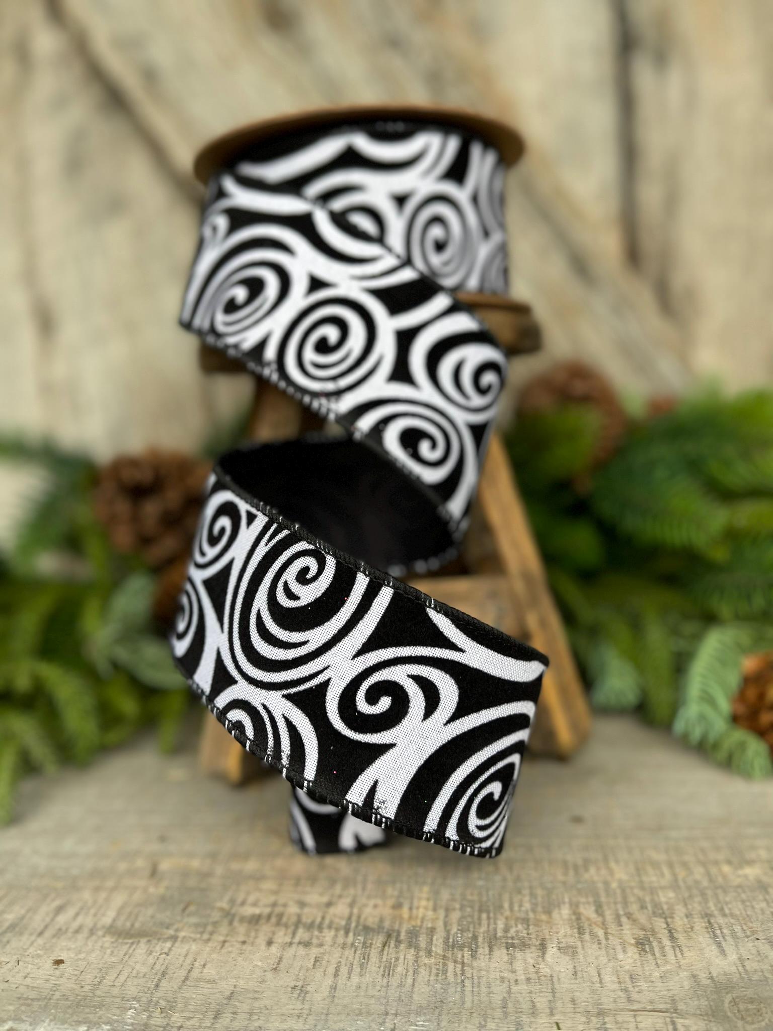 2.5" Black Swirl Ribbon, Halloween Ribbon, Black White Ribbon, Glittered Swirl Ribbon, Flocked RIbbon, Halloween Ribbon, Wired RIbbon