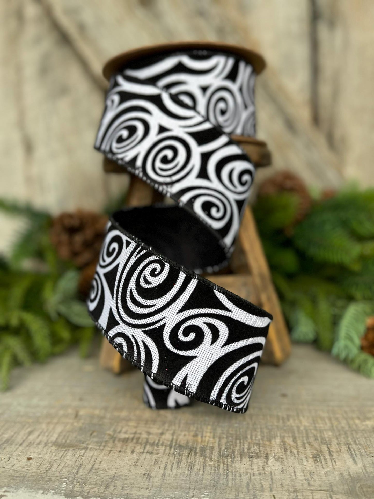 2.5" Black Swirl Ribbon, Halloween Ribbon, Black White Ribbon, Glittered Swirl Ribbon, Flocked RIbbon, Halloween Ribbon, Wired RIbbon