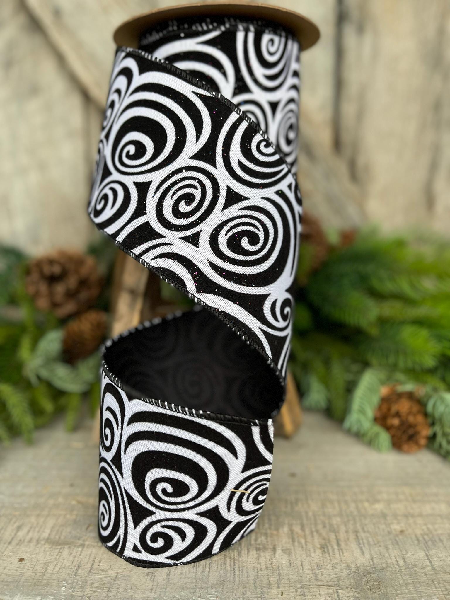 4" Black Swirl Ribbon, Halloween Ribbon, Black White Ribbon, Glittered Swirl Ribbon, Flocked RIbbon, Halloween Ribbon, Wired RIbbon