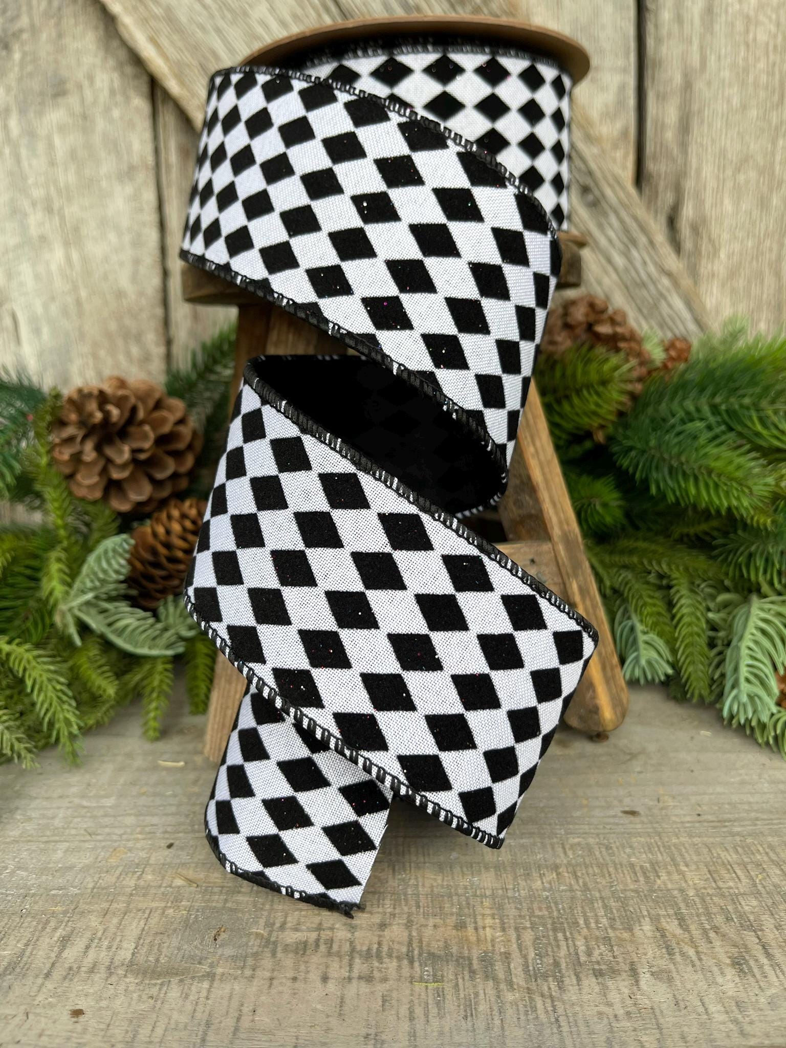 2.5" Black White Harlequin Ribbon, Flocked RIbbon