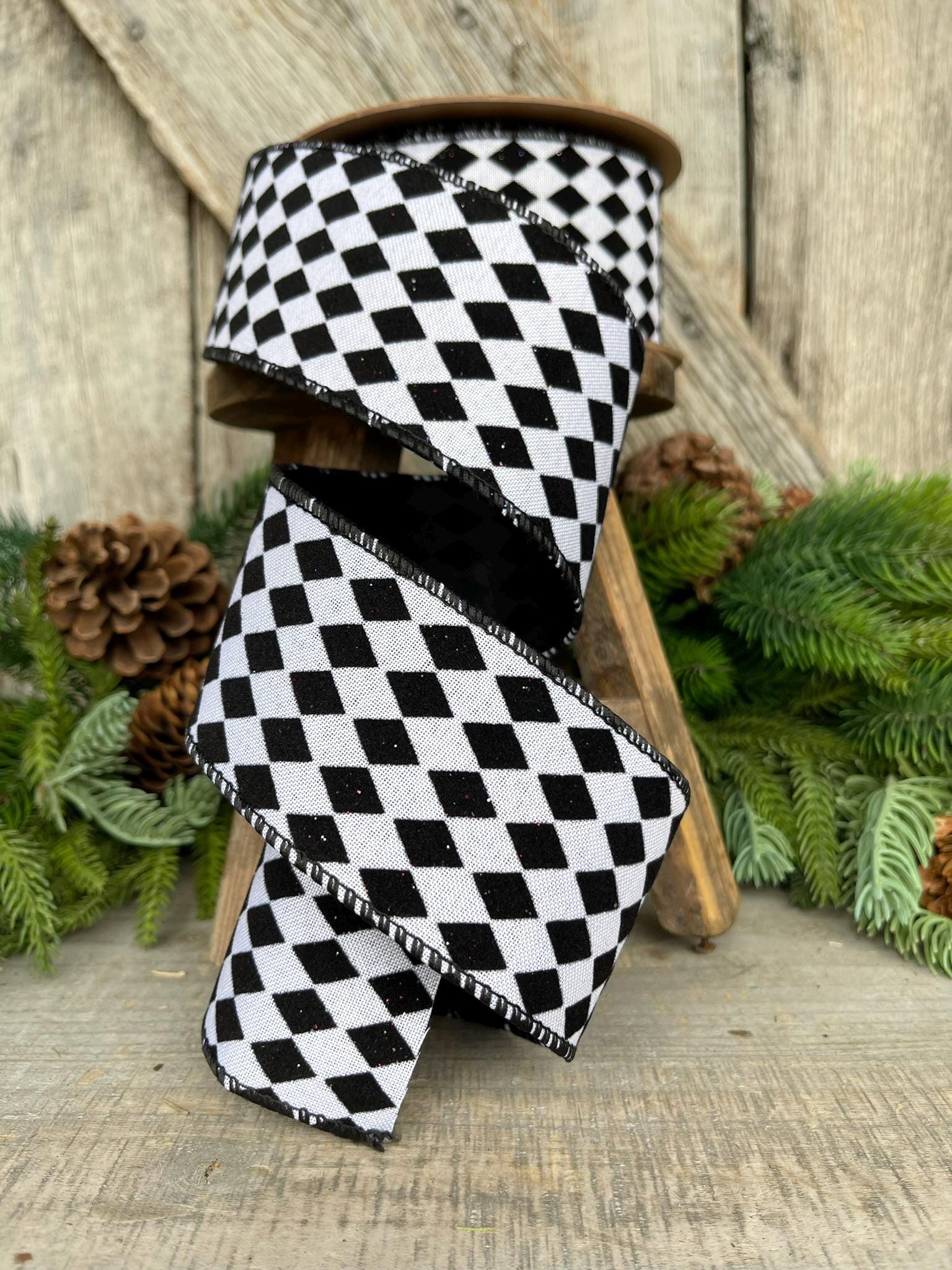 2.5" Black White Harlequin Ribbon, Flocked RIbbon