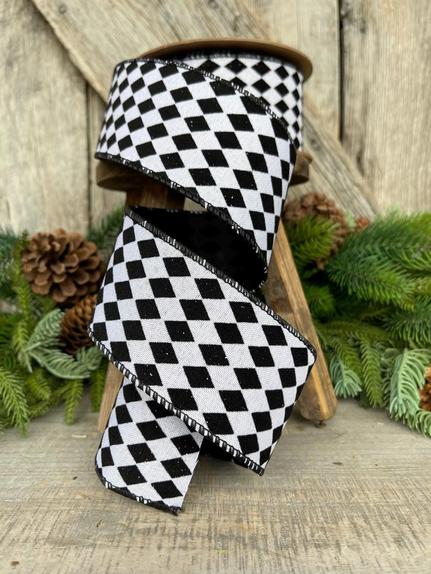 2.5" Black White Harlequin Ribbon, Flocked RIbbon