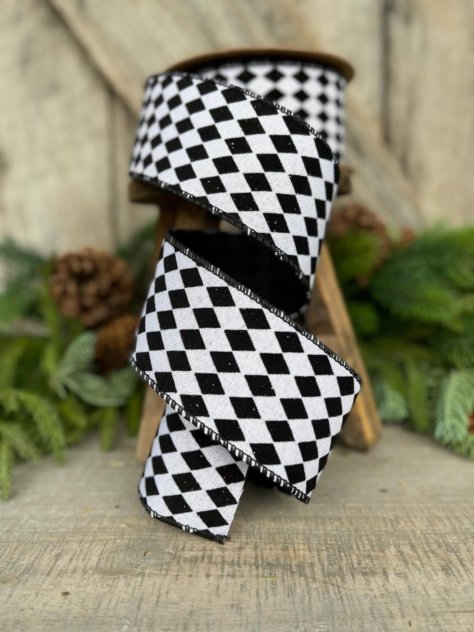 2.5" Black White Harlequin Ribbon, Flocked RIbbon, Halloween Ribbon, Harlequin Ribbon, Glittered Harlequin Ribbon, Wired Ribbon