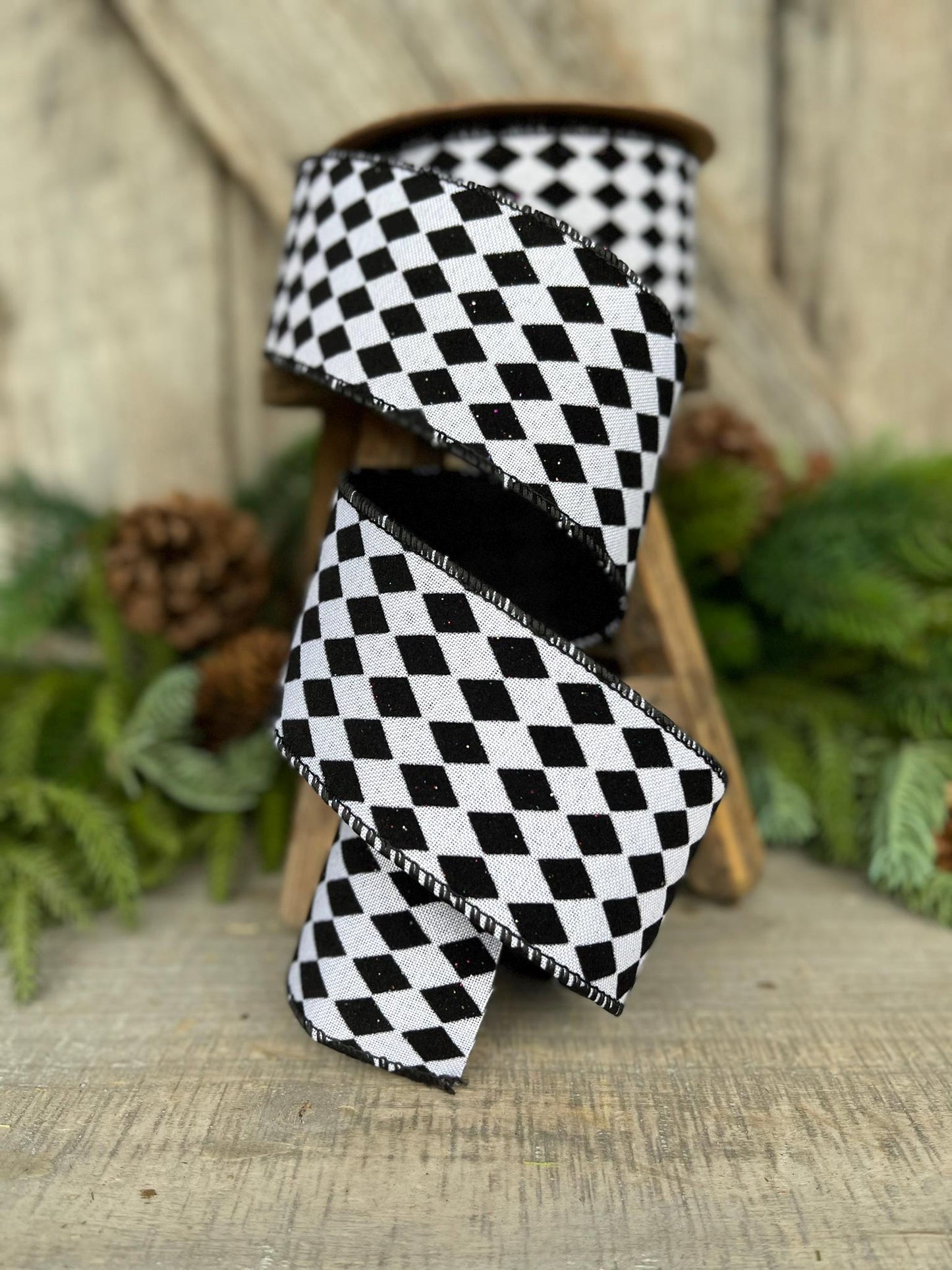 2.5" Black White Harlequin Ribbon, Flocked RIbbon, Halloween Ribbon, Harlequin Ribbon, Glittered Harlequin Ribbon, Wired Ribbon