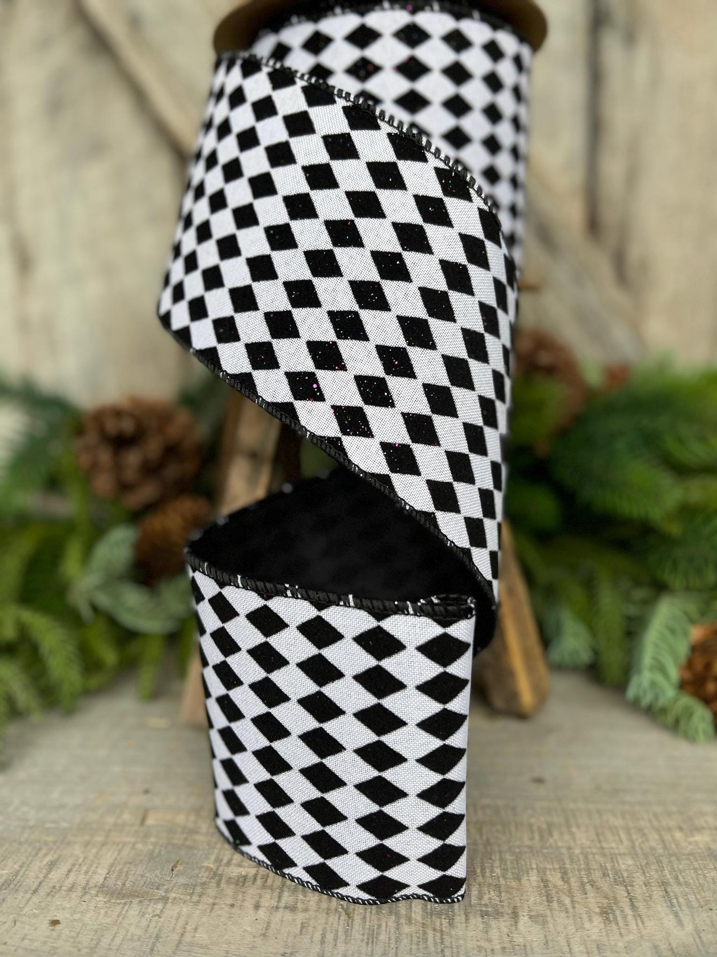 4" Black White Harlequin Ribbon, Flocked RIbbon