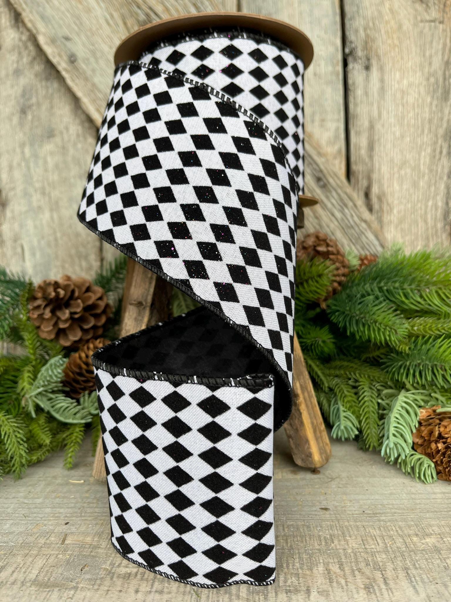 4" Black White Harlequin Ribbon, Flocked RIbbon