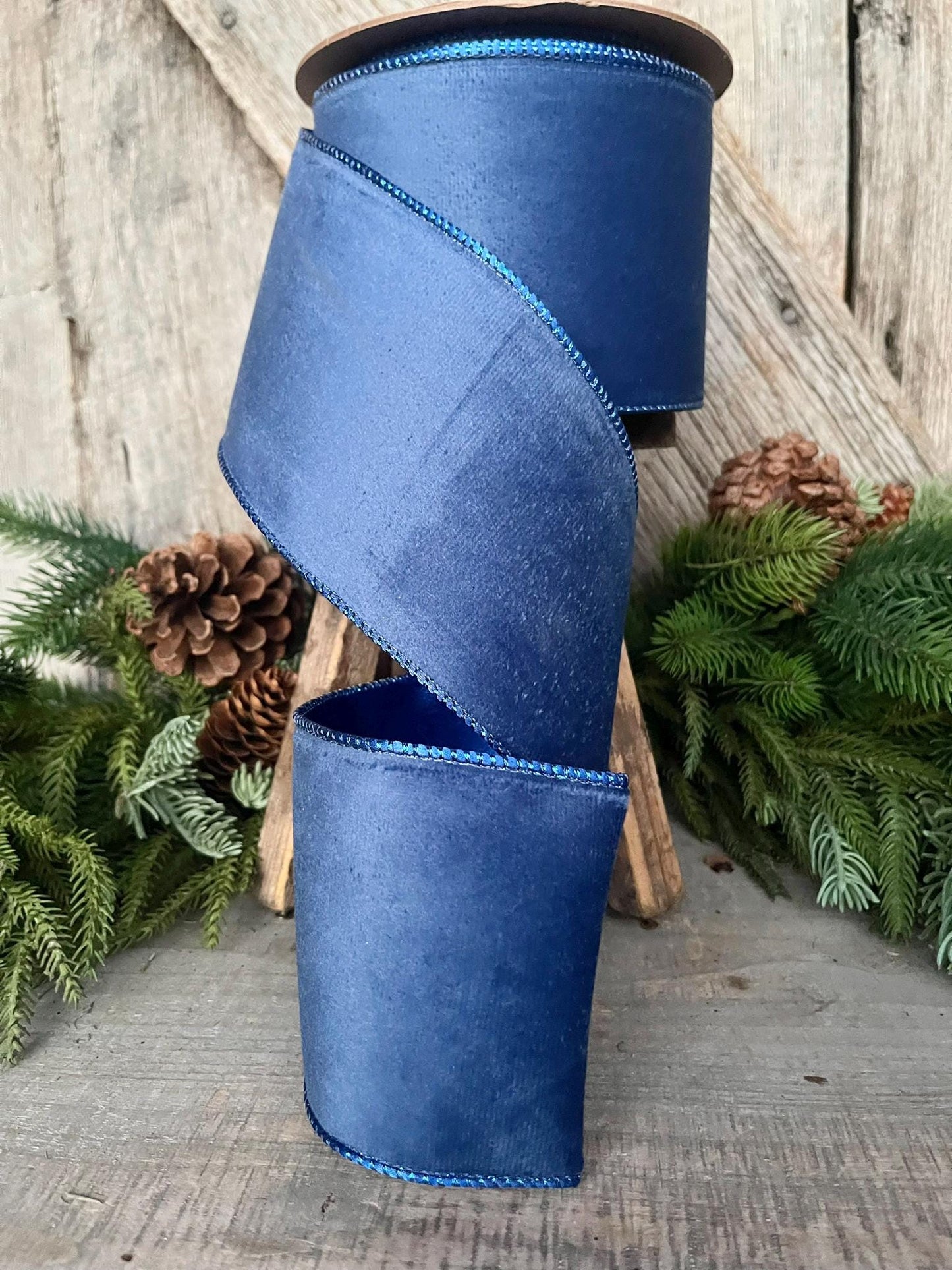 4" Blue Velvet Ribbon, Wired Ribbon, Christmas Ribbon, Blue Christmas Velvet, Christmas Tree Ribbon, Blue Ribbon