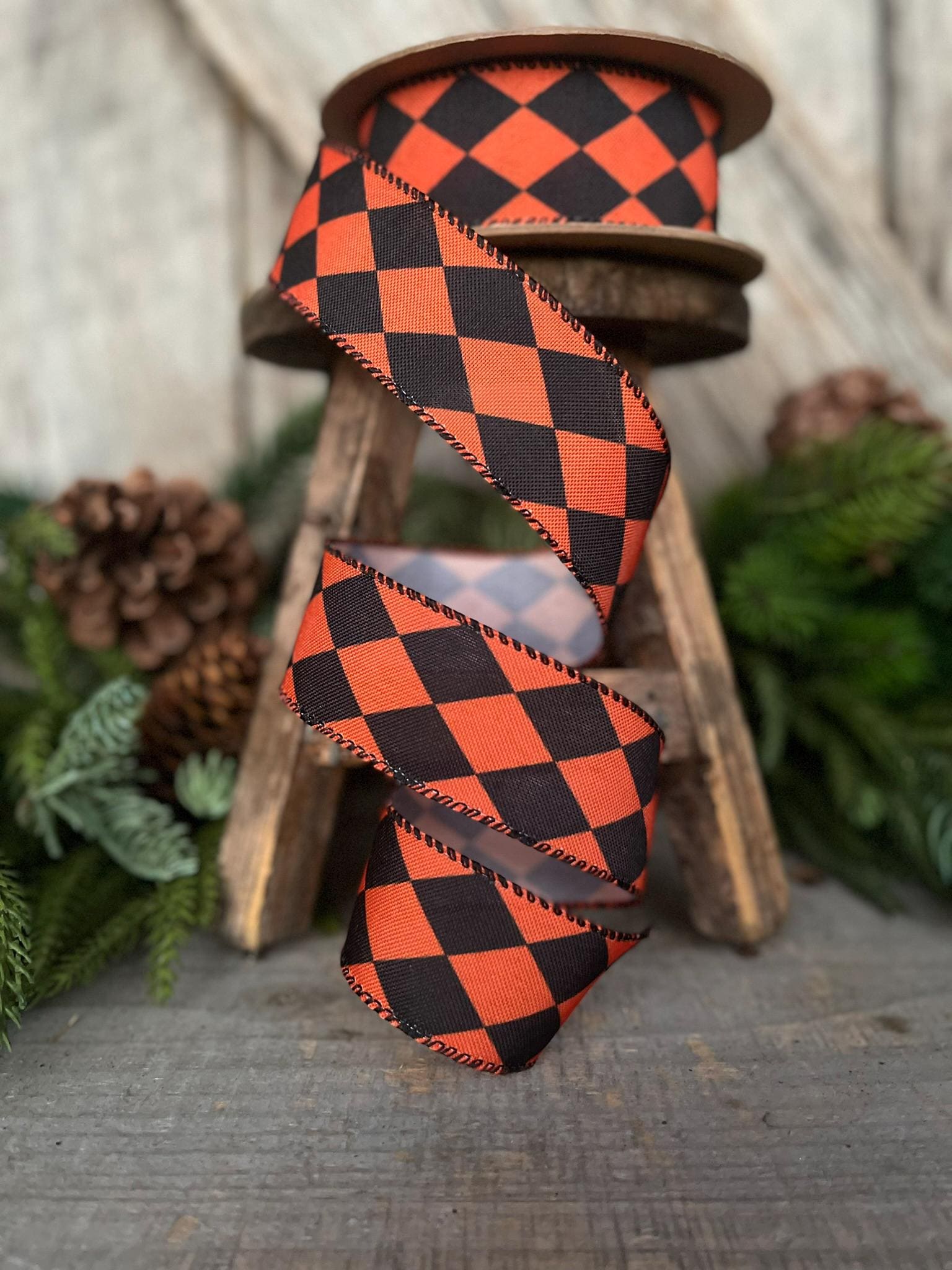 1.5" Orange Black Harlequin Ribbon, Halloween RIbbon, Wired Ribbon, Orange RIbbon, Orange BLack Diamond Ribbon, Halloween Decor