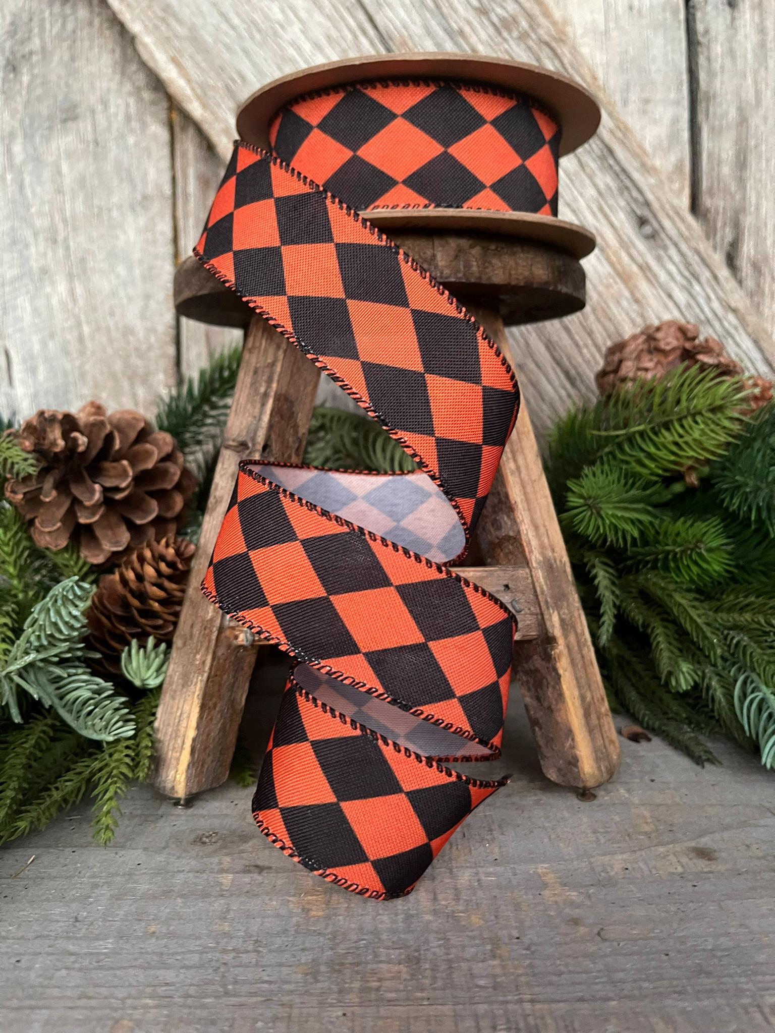 1.5" Orange Black Harlequin Ribbon, Halloween RIbbon