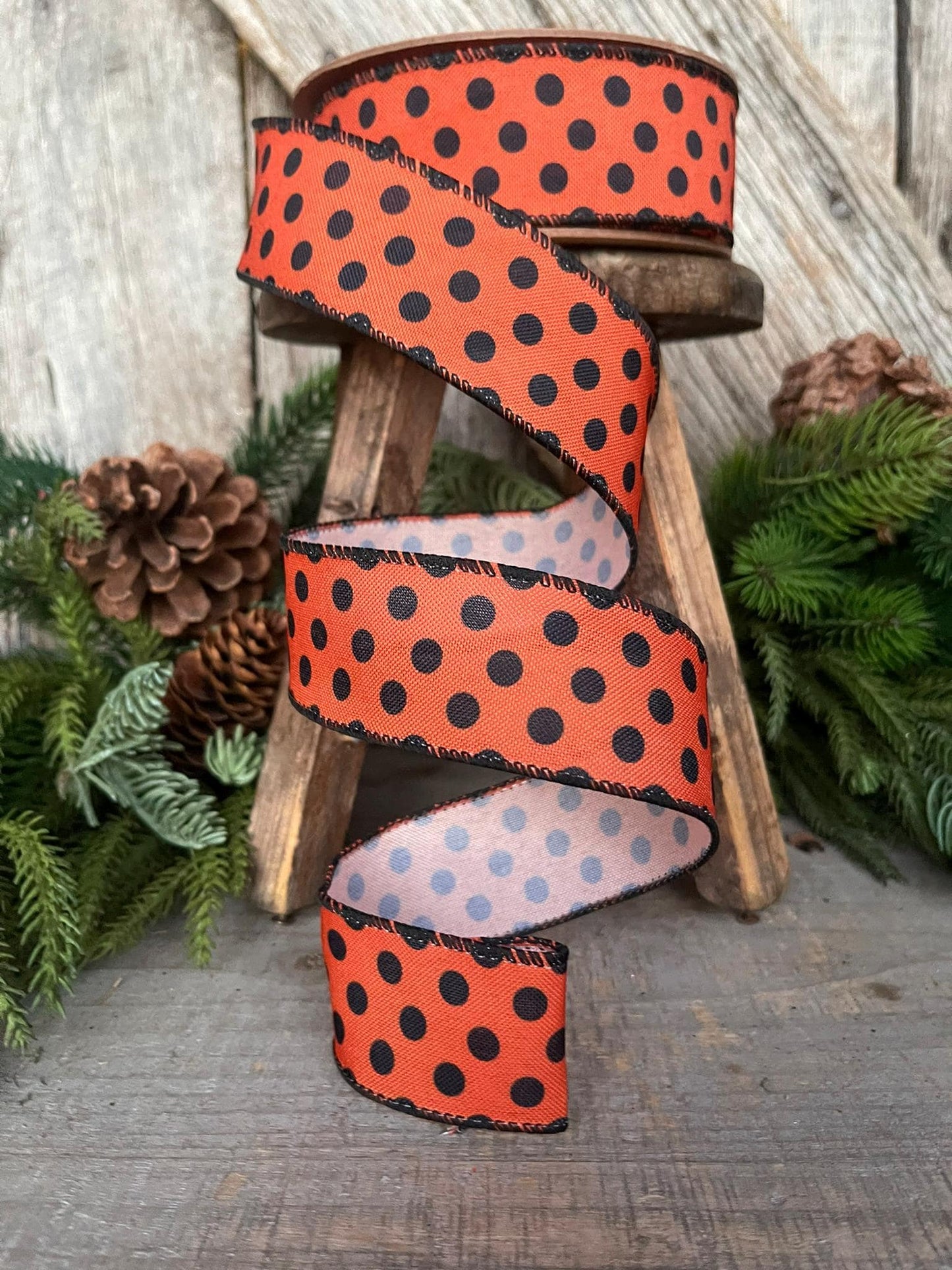 1.5" Orange Black Polka Dot Ribbon, Halloween RIbbon, Wired Ribbon, Orange RIbbon, Orange BLack Dot Ribbon, Halloween Decor