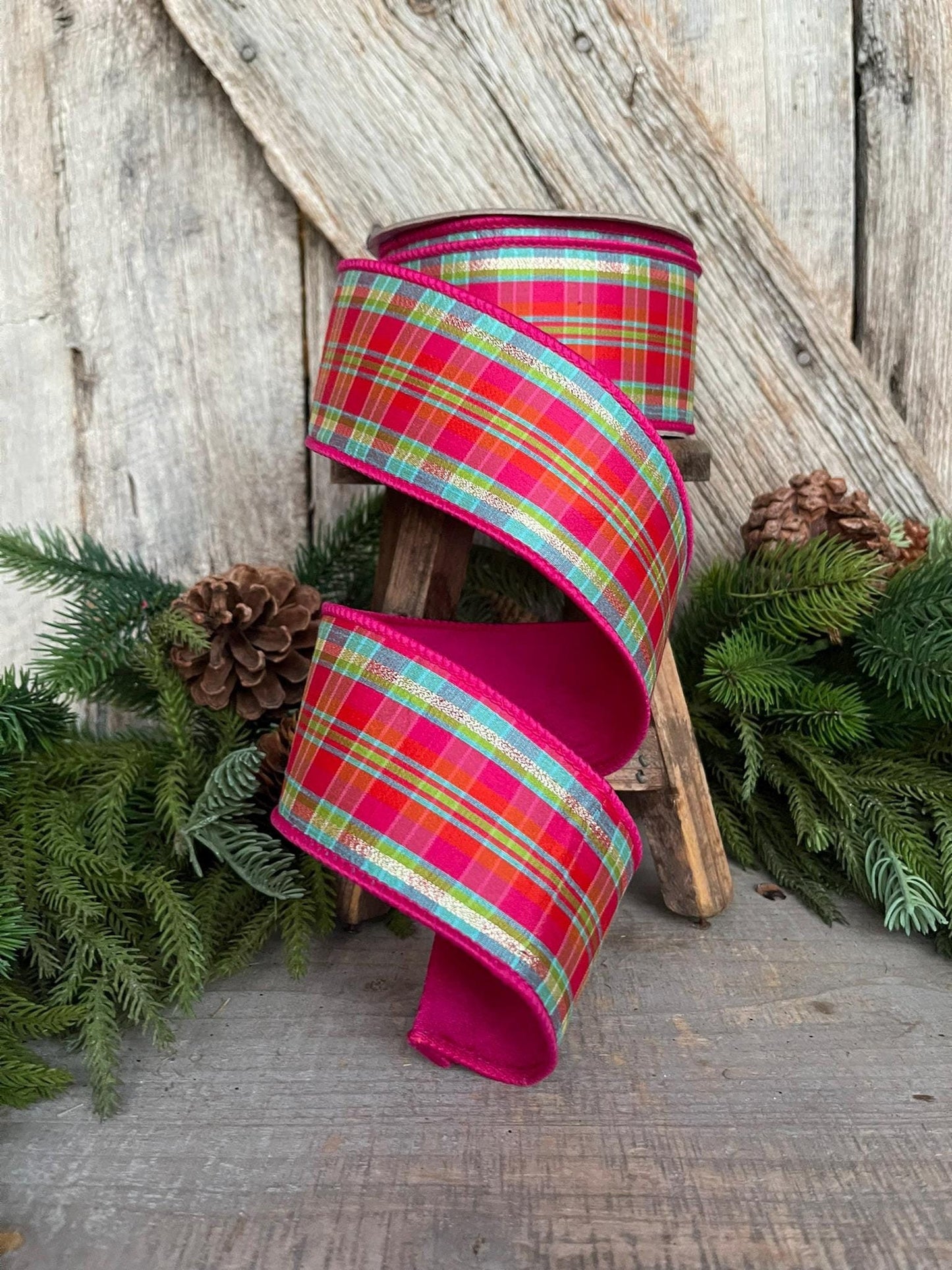 2.5" Hot Pink Plaid, Farrisilk Ribbon, Carnaval Plaid RIbbon, Christmas RIbbon, Hot Pink PLaid Ribbon, Christmas Plaid RIbbon, RK392-32