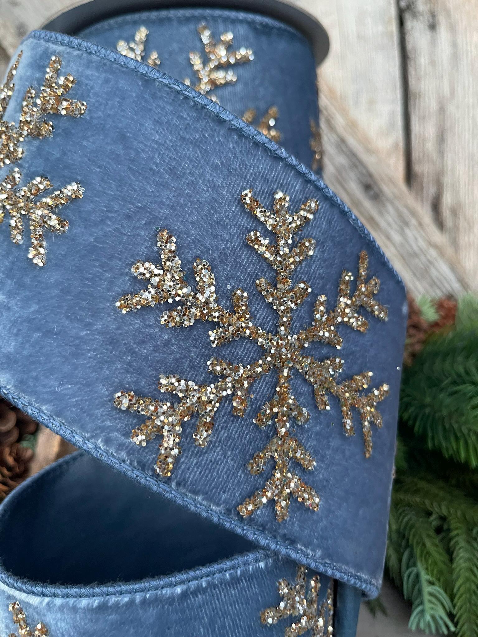 4" Steel Blue Velvet RIbbon, GLitter Snowflake RIbbon, Farrisilk Ribbon, Steel Blue Glitter Snowflake Velvet Ribbon, Blue Christmas,RG052-17