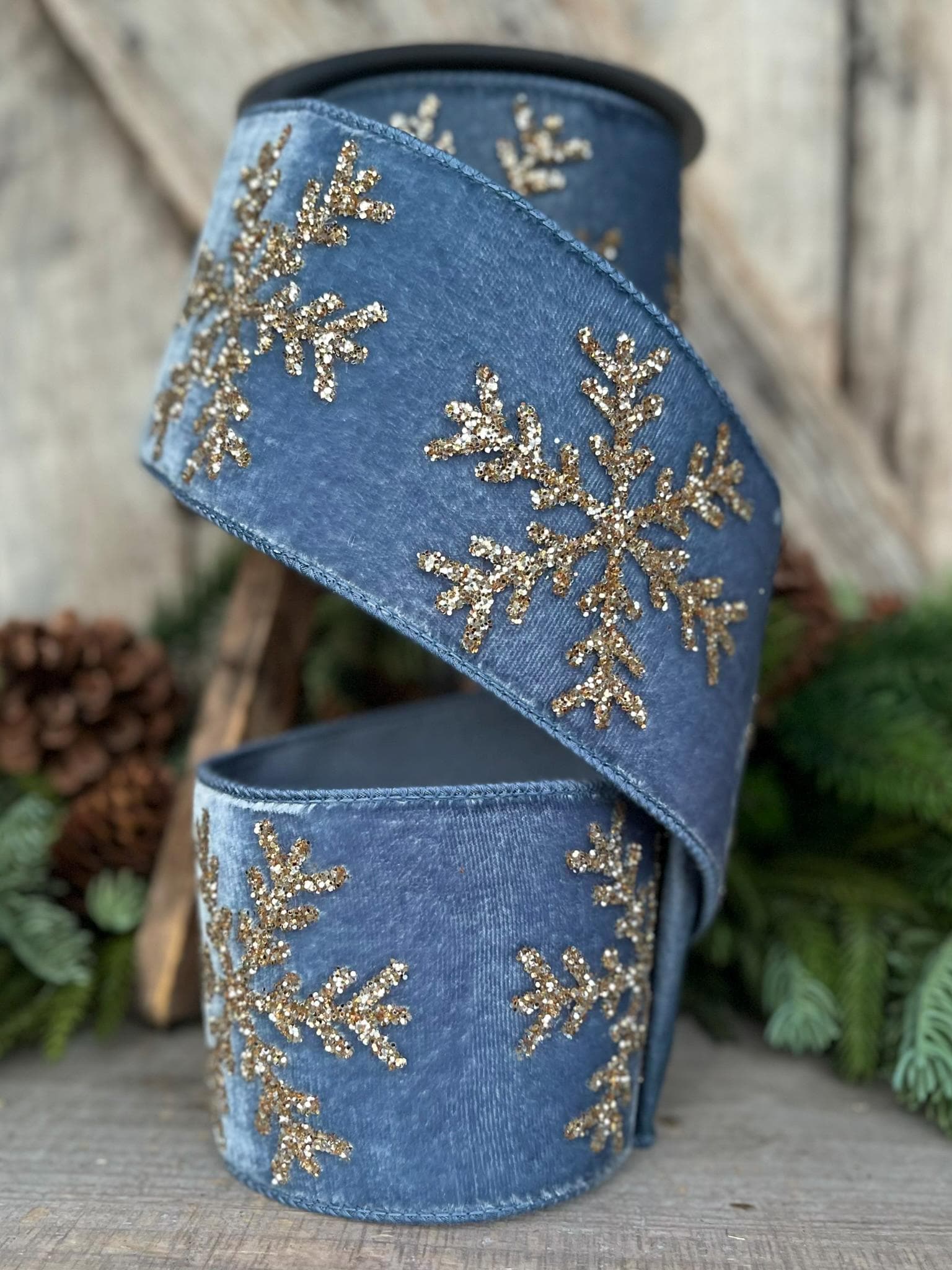 4" Steel Blue Velvet RIbbon, GLitter Snowflake RIbbon, Farrisilk Ribbon, Steel Blue Glitter Snowflake Velvet Ribbon, Blue Christmas,RG052-17