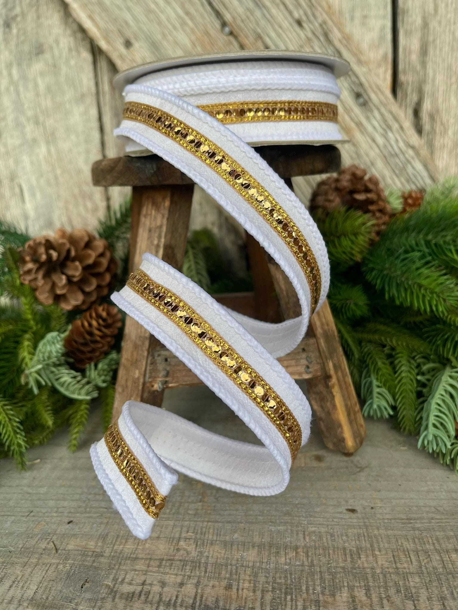 1" White Gold Twinkle Trim Ribbon, Farrisilk ribbon, Gold Jeweled RIbbon, Gold Ribbon, White Christmas Ribbon, Designer RIbbon, RK756-43