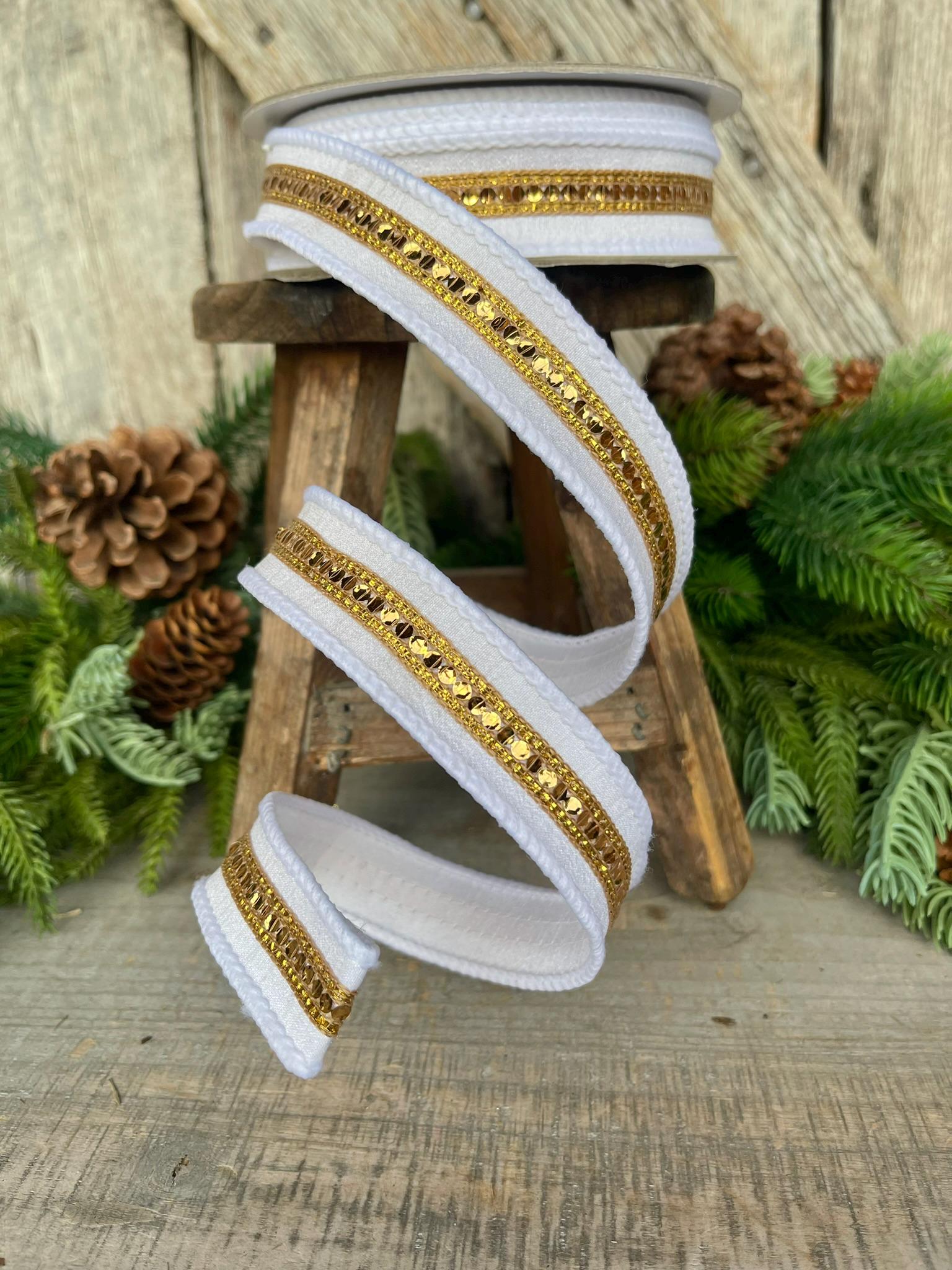 1" White Gold Twinkle Trim Ribbon, Farrisilk ribbon, Gold Jeweled RIbbon, Gold Ribbon, White Christmas Ribbon, Designer RIbbon, RK756-43