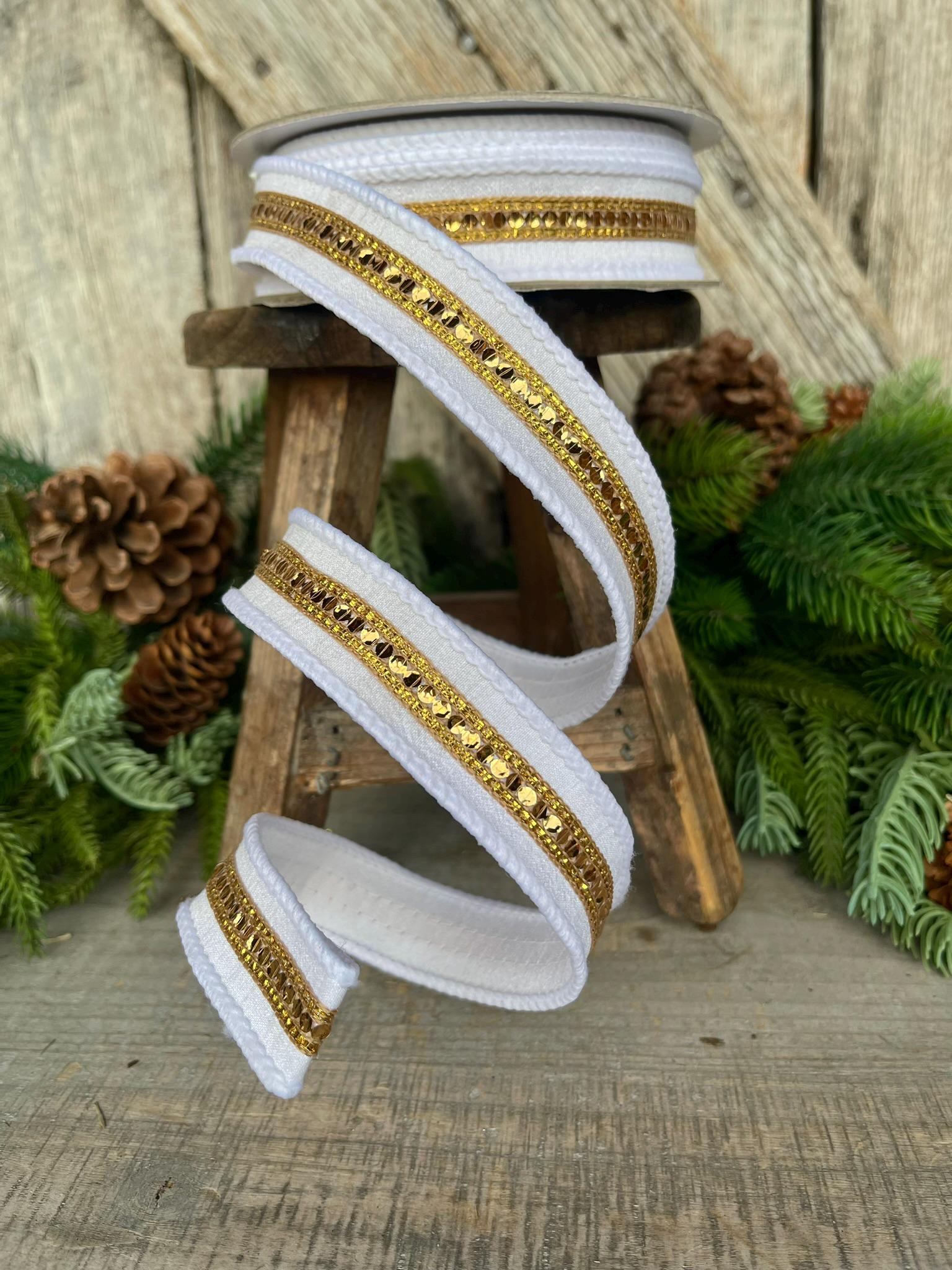 1" White Gold Twinkle Trim Ribbon, Farrisilk ribbon, Gold Jeweled RIbbon, Gold Ribbon, White Christmas Ribbon, Designer RIbbon, RK756-43