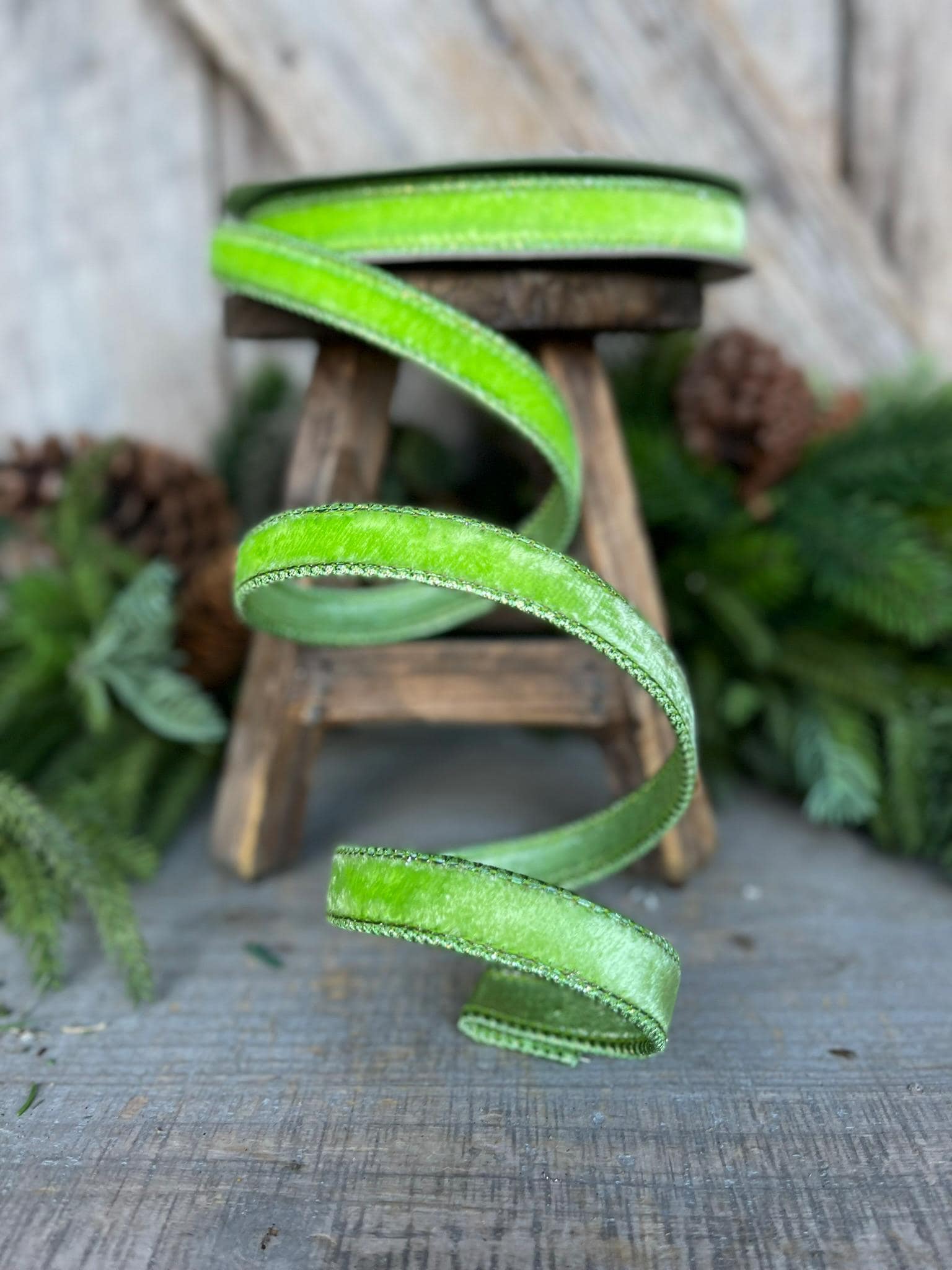 3/4" Bright Lime Green Velvet Ribbon, Farrisilk ribbon