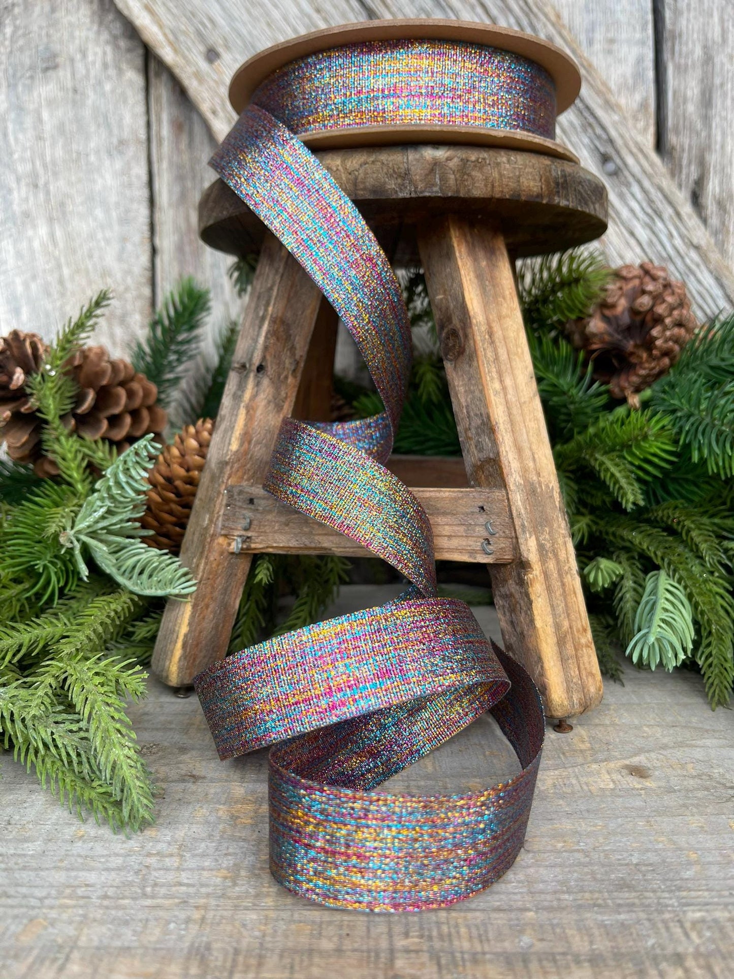 1" Metallic Rainbow Grosgrain Ribbon, Non wired Ribbon, Gift Wrap Ribbon, Metallic Ribbon, Christmas Ribbon